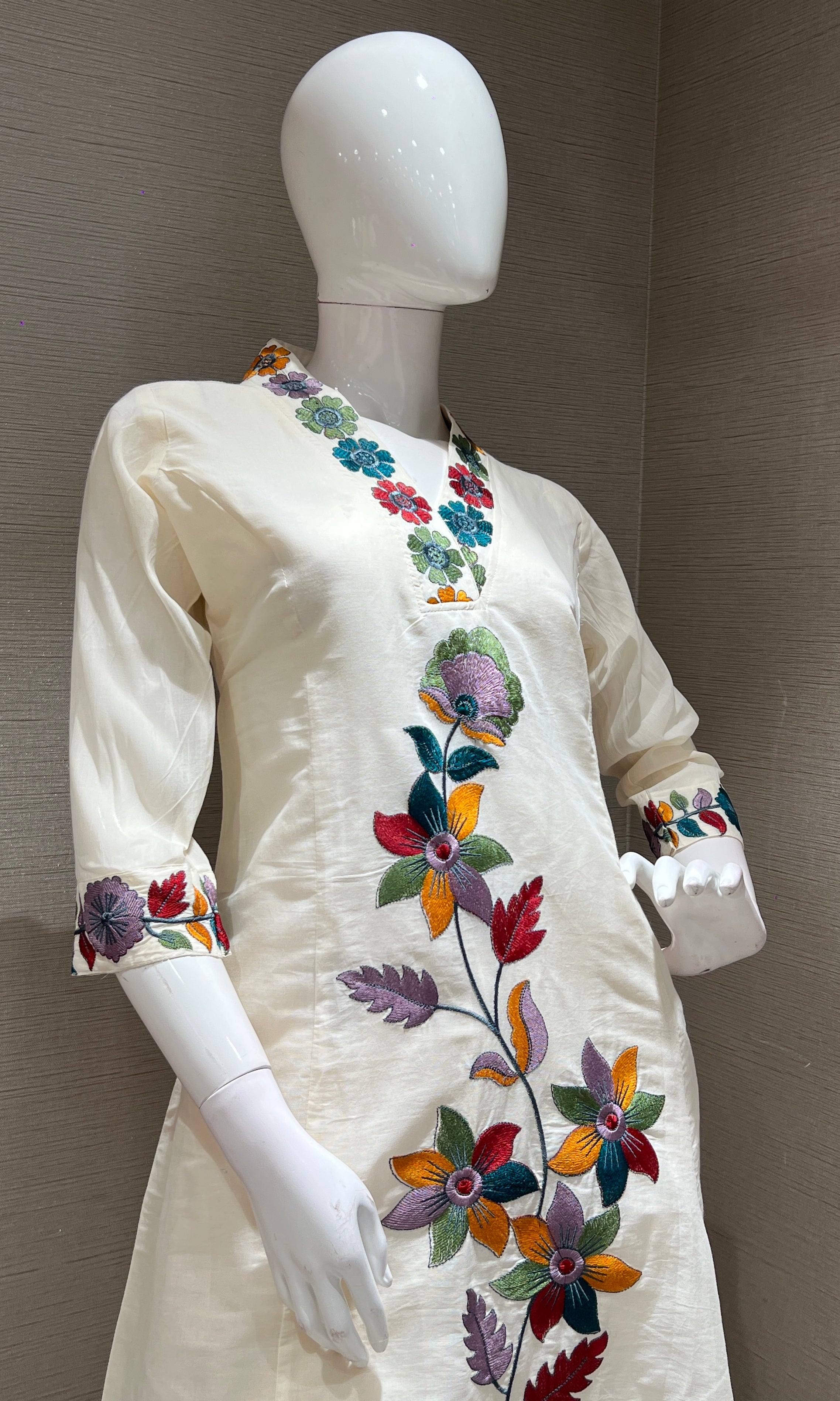 Cream floral patch work kurta set