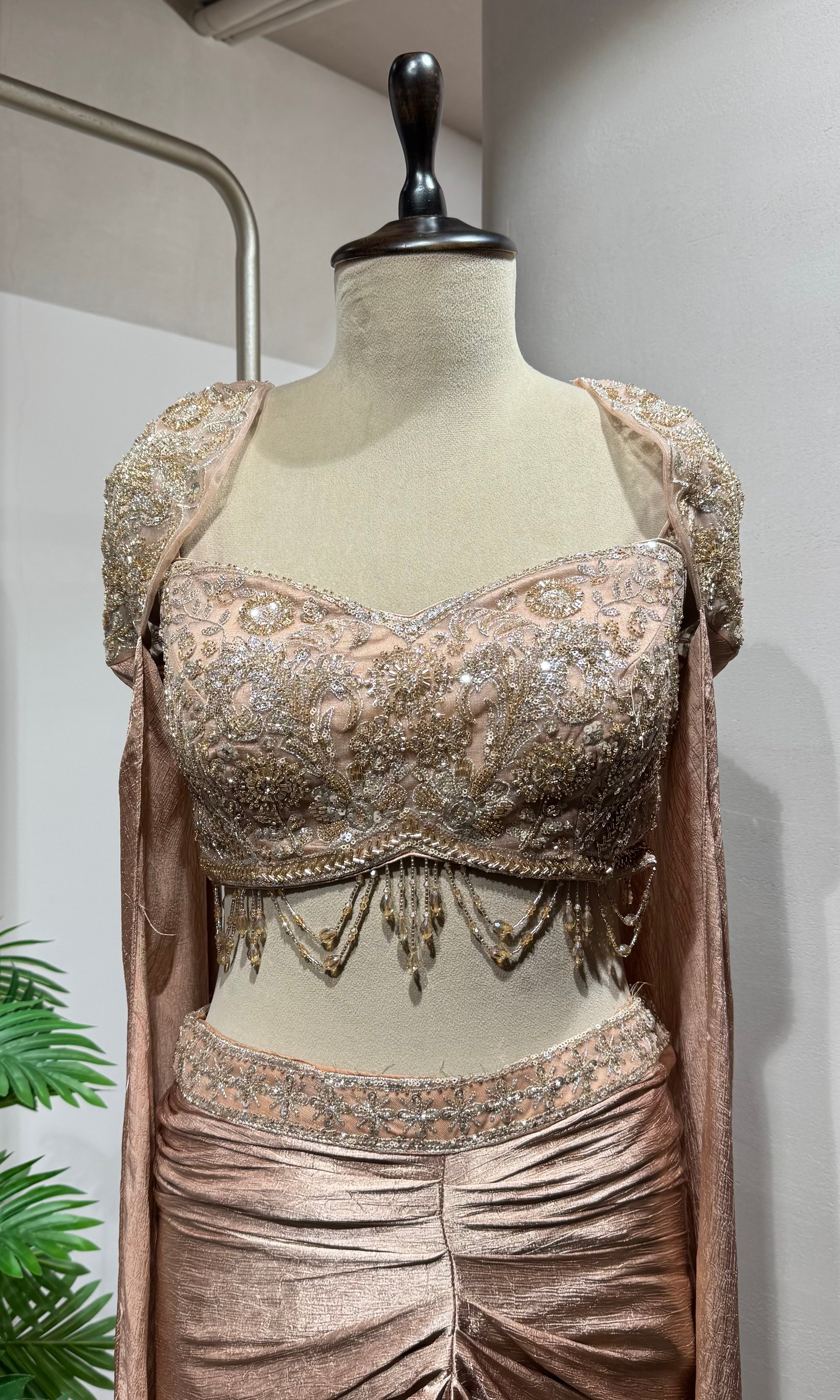 peach Gold skirt with Crystal Embroidered Blouse & Cape