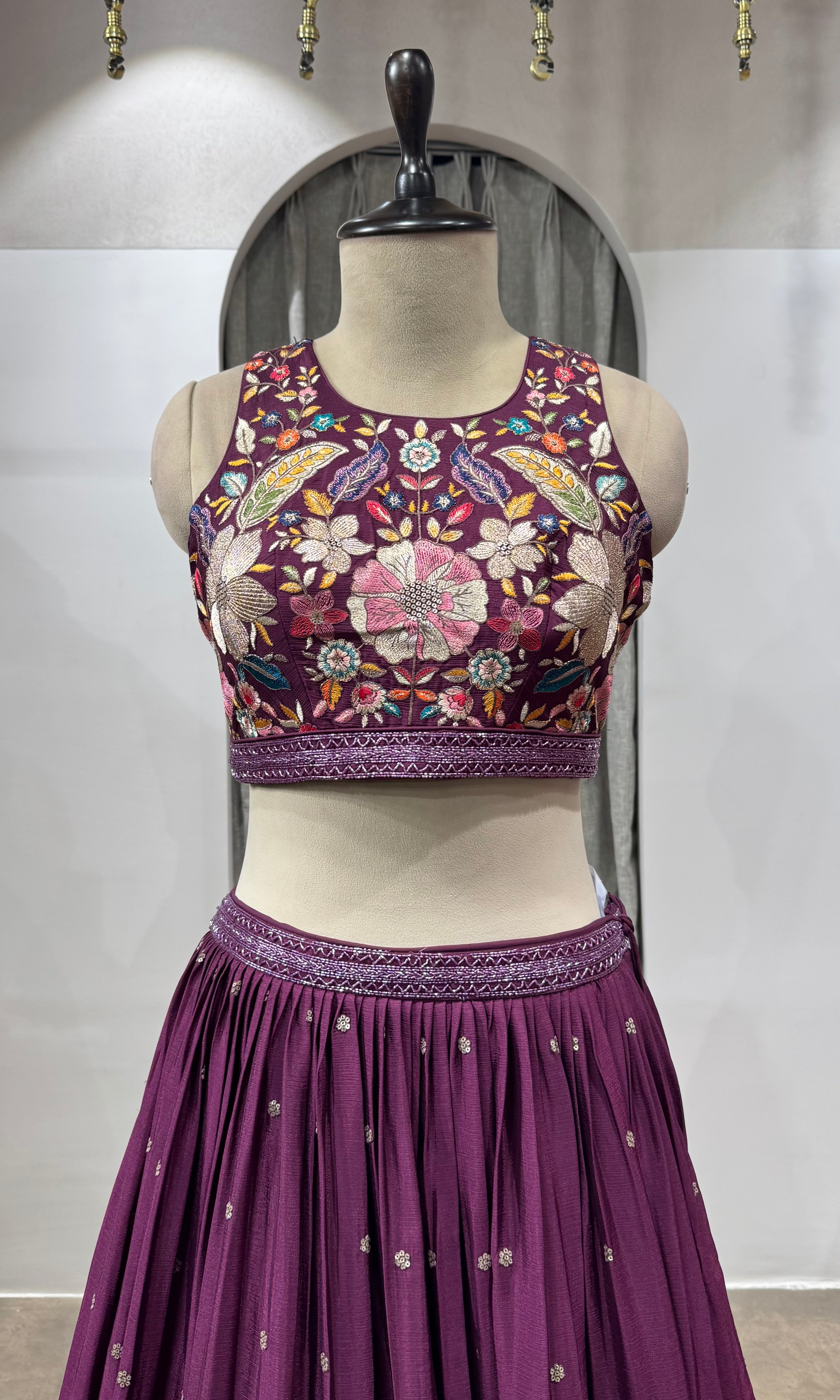WINE FLORAL EMBROIDERED LEHENGA SET