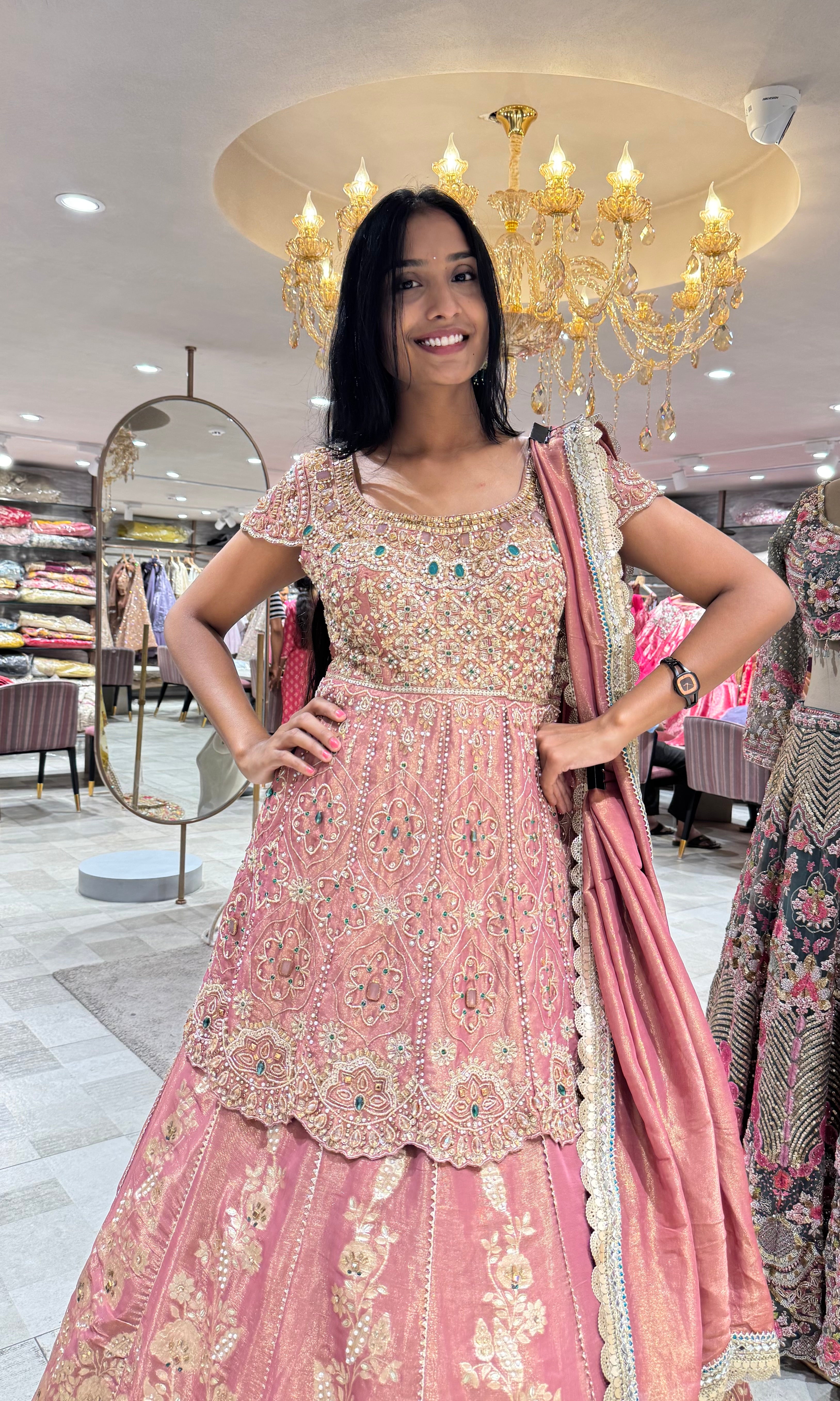 0NION PINK GOLDEN FLORAL EMBROIDERED LEHENGA