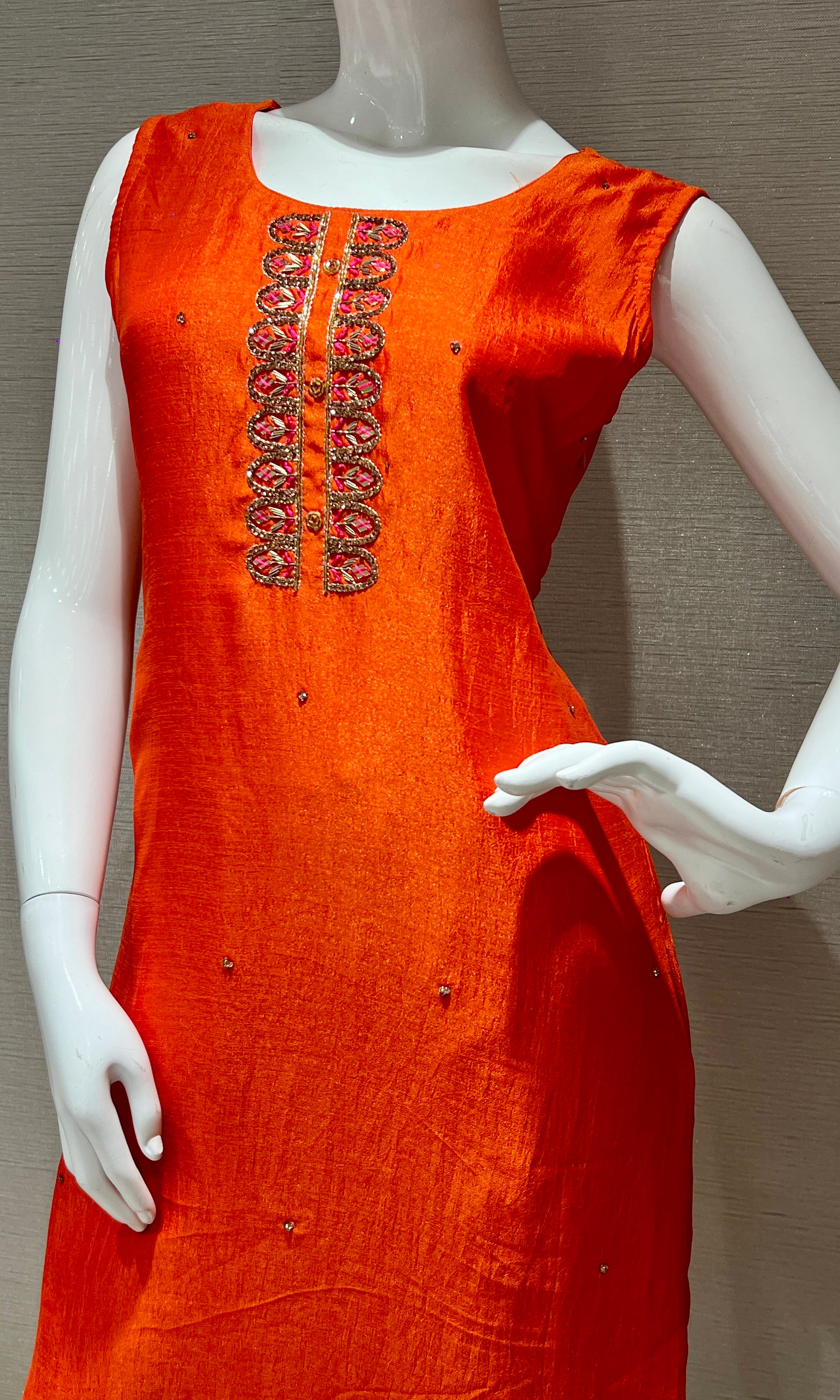 Orange Kurta set with Pink Brocade Dupatta