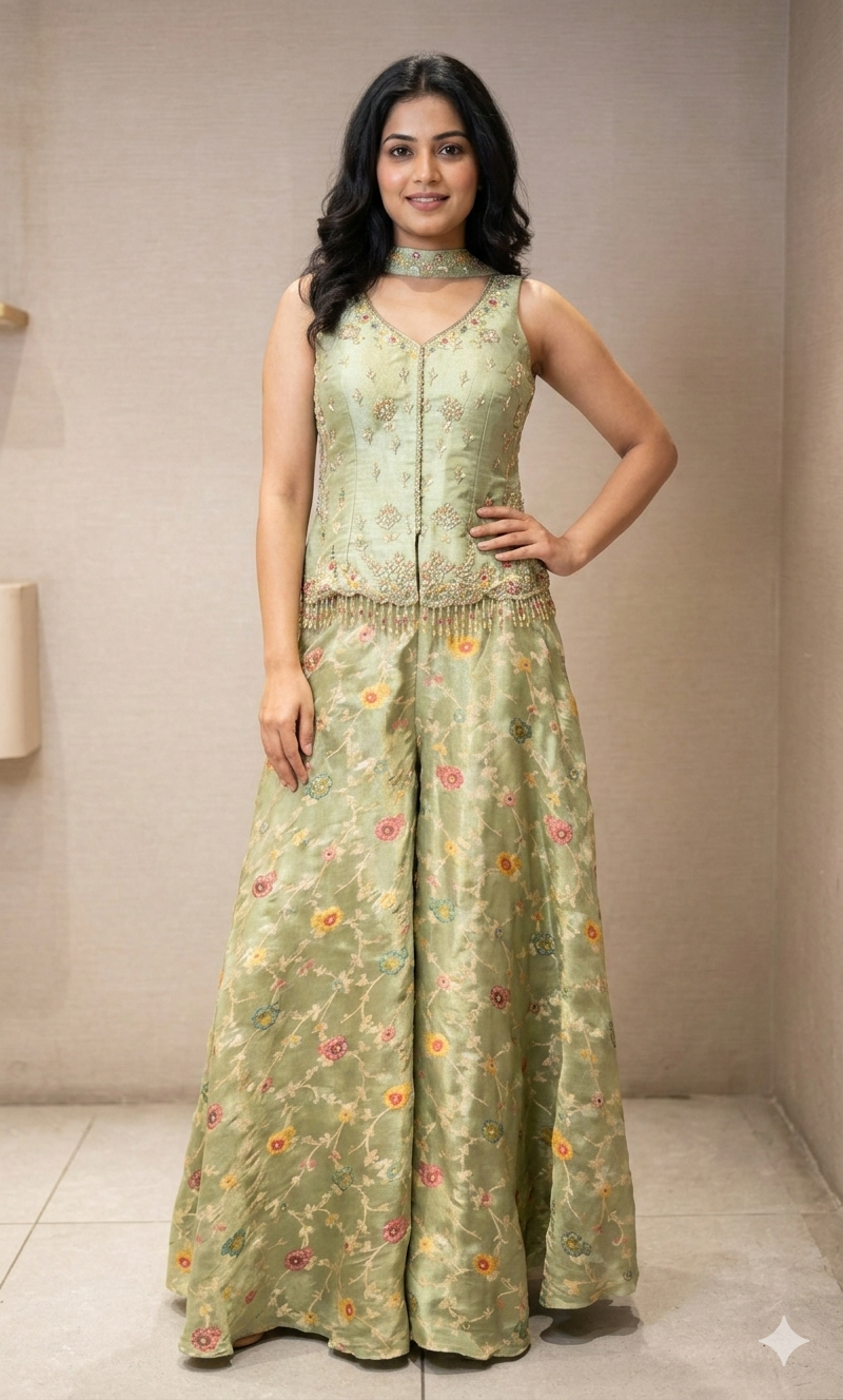 Pista green FLORAL EMBROIDERED PALAZZO SET