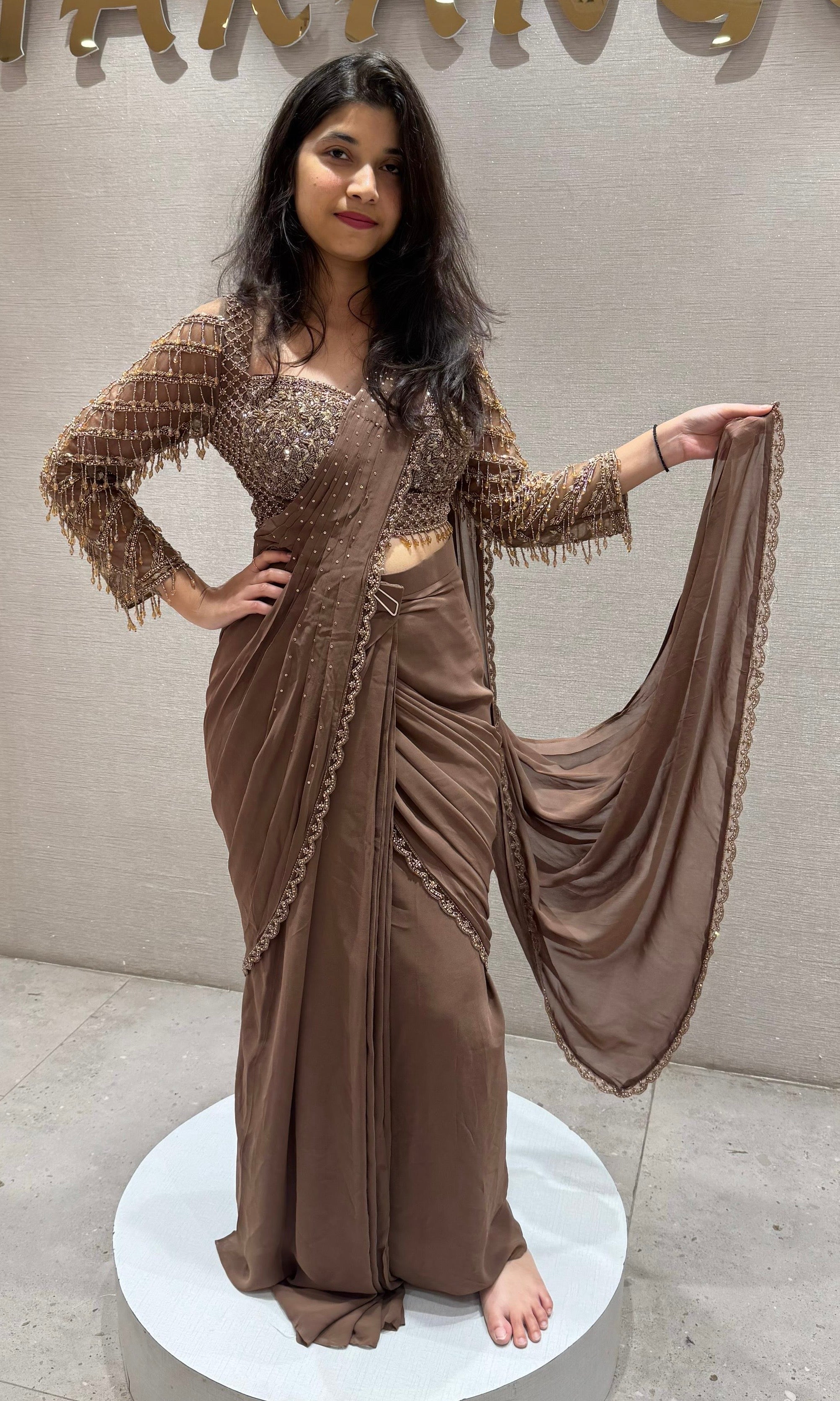 Brown Ruffle Drape Saree with Beaded Blouse