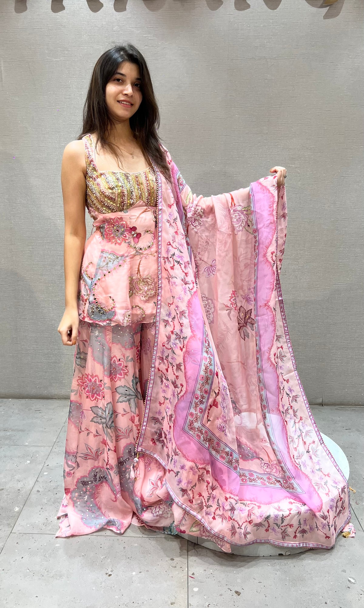 Baby Pink Floral Print silk Palazzo Set with Peplum Top