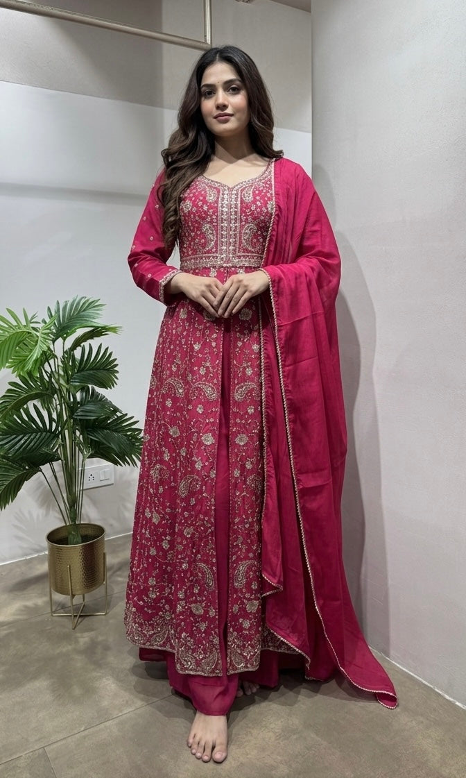 Pink Embroidered Front-Slit Anarkali Set