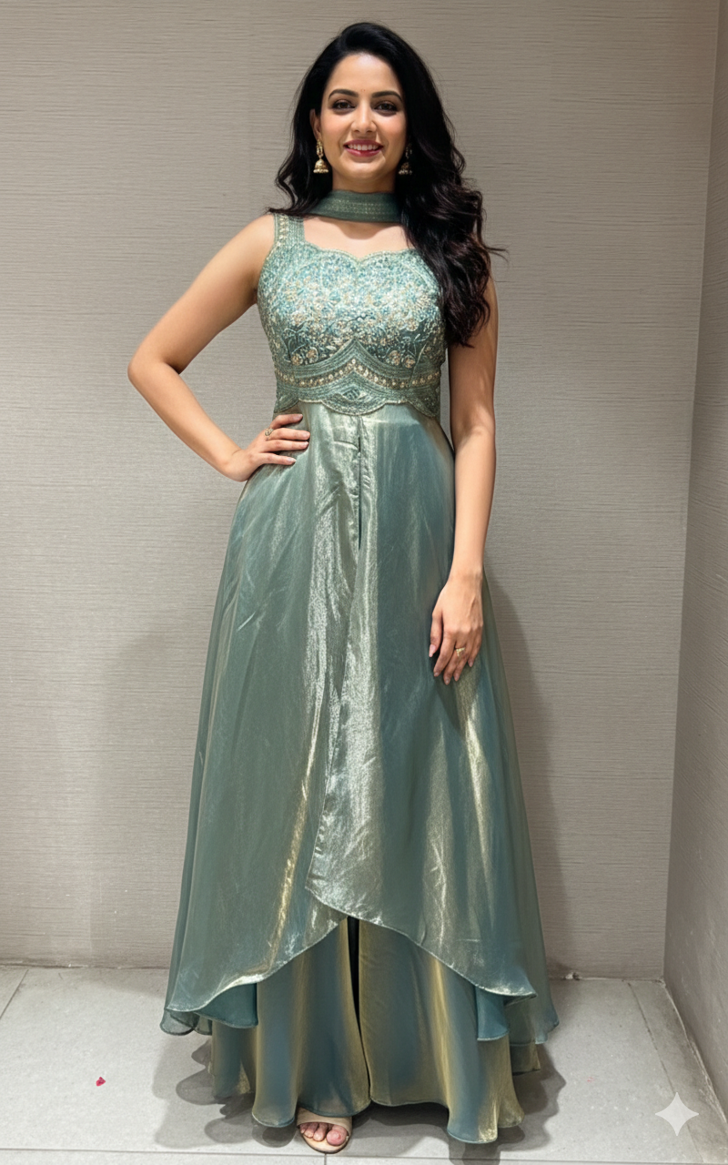 SEA GREEN EMBROIDERED ANARKALI LONG DRESS