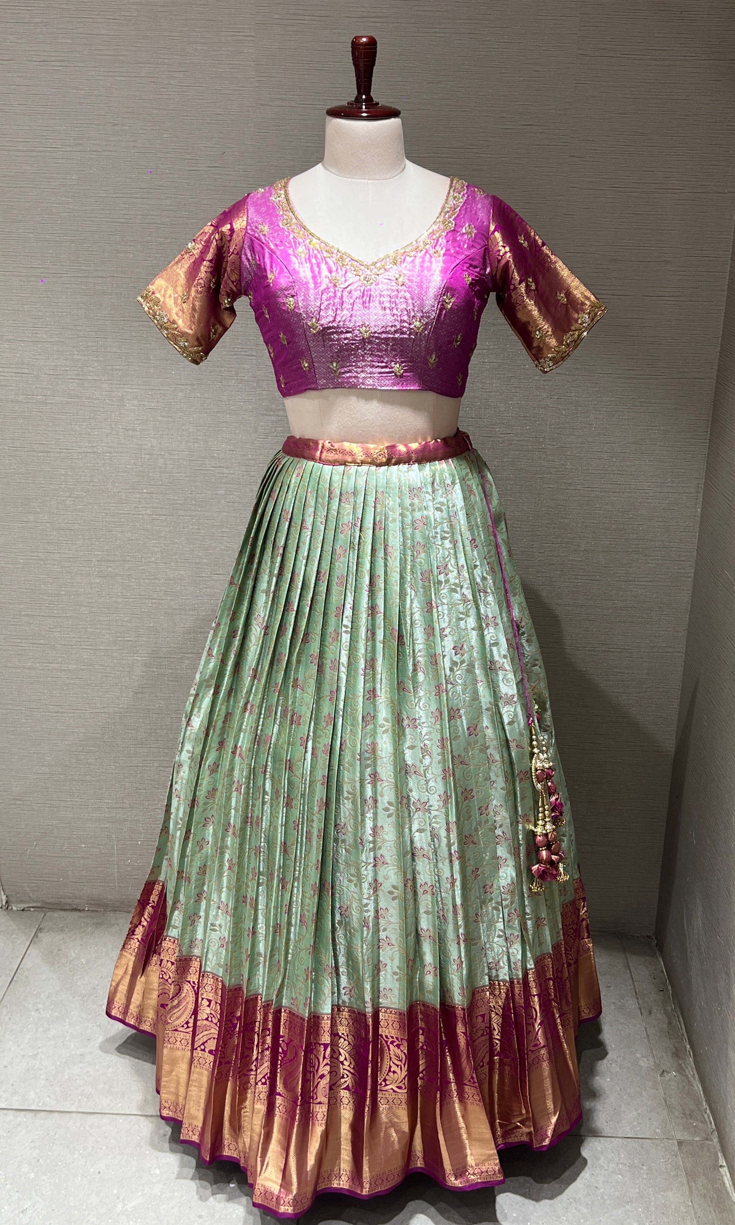 pink Lehenga with Pastel Mint Floral Weave