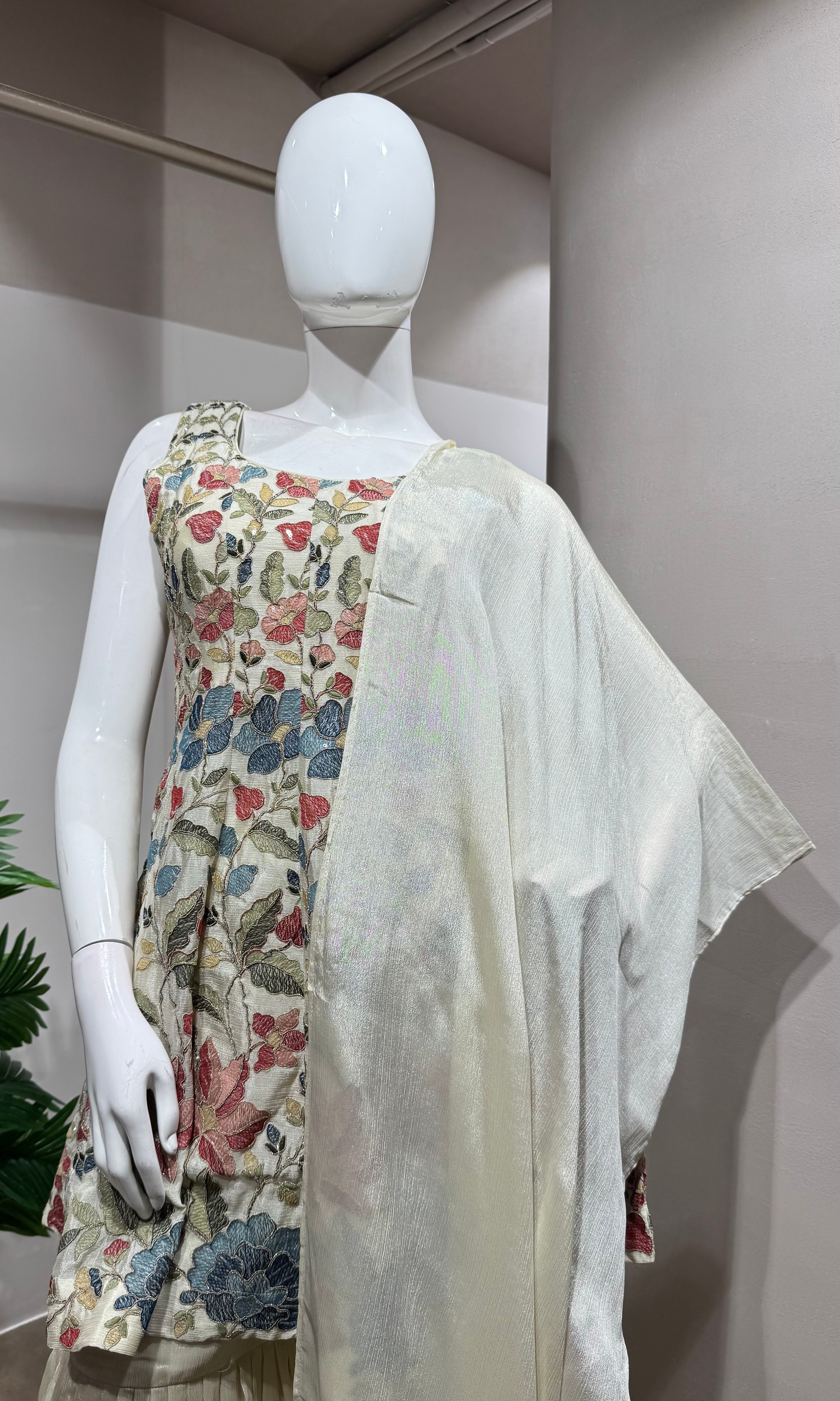 CREAM Floral Embroidery SHARARA Set