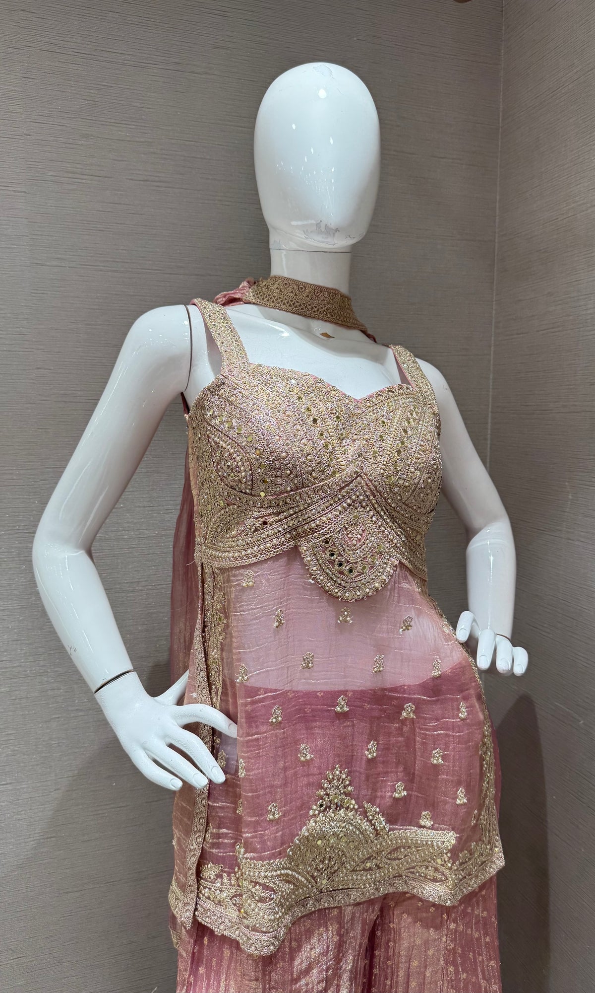 Blush Pink WITH Gold Embroidered Tissue Silk Sharara Set