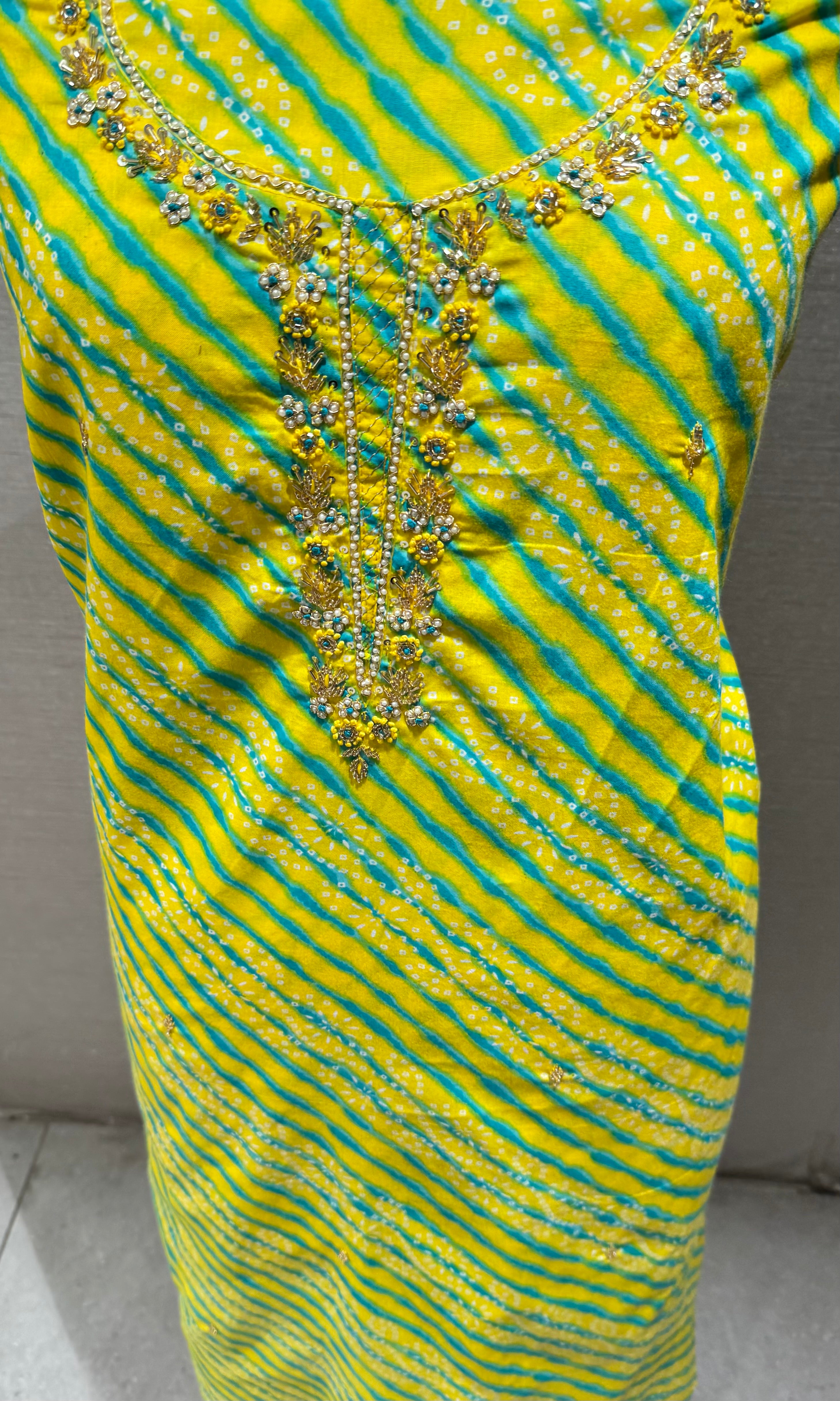 Yellow Leheriya Print Dress Material