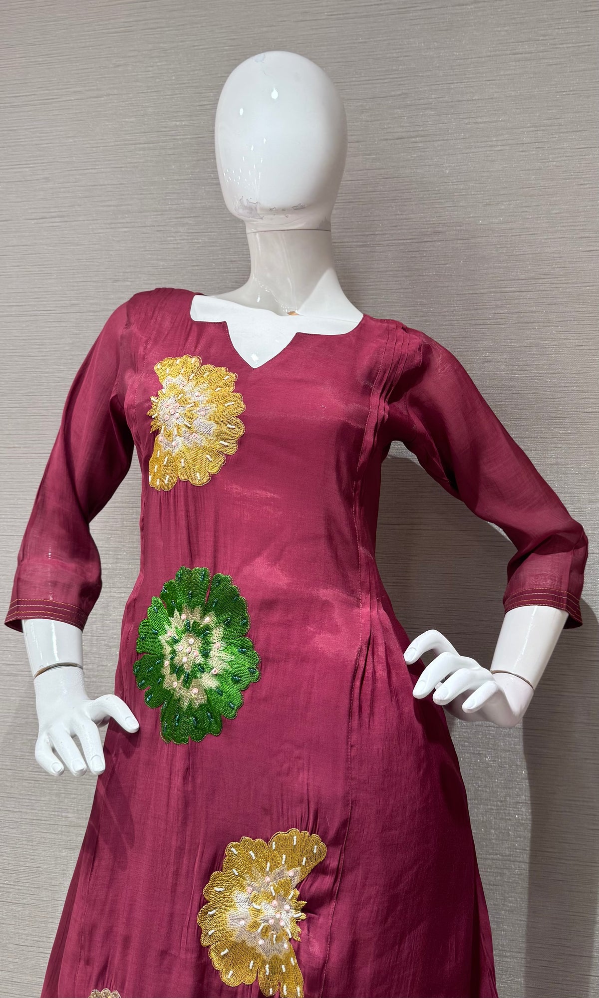 Wine cotton silk Floral Motif Kurta set with dupatta