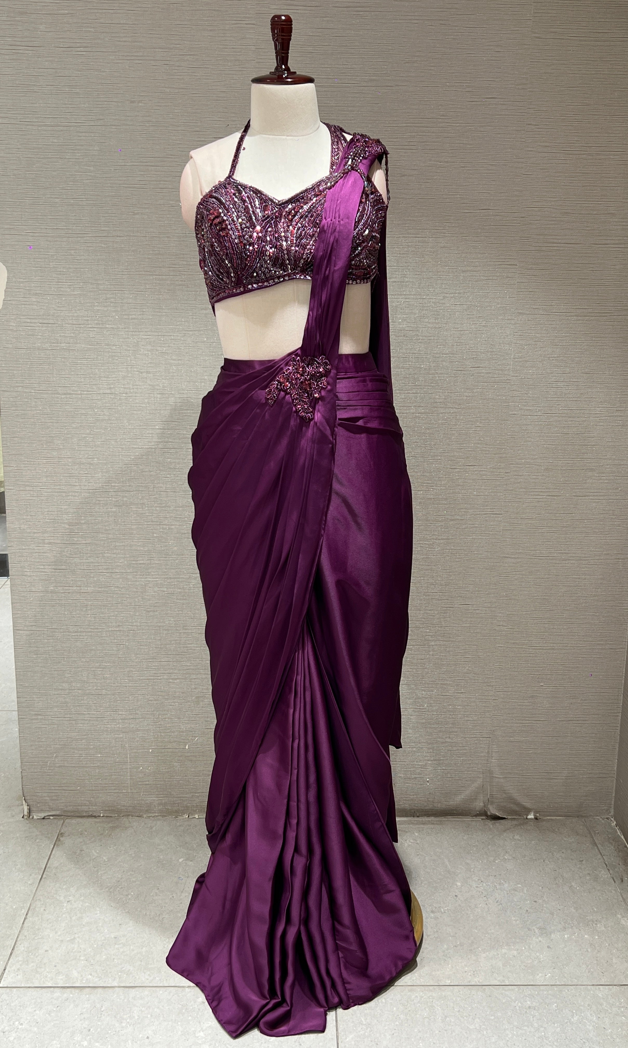 purple drape saree with cape