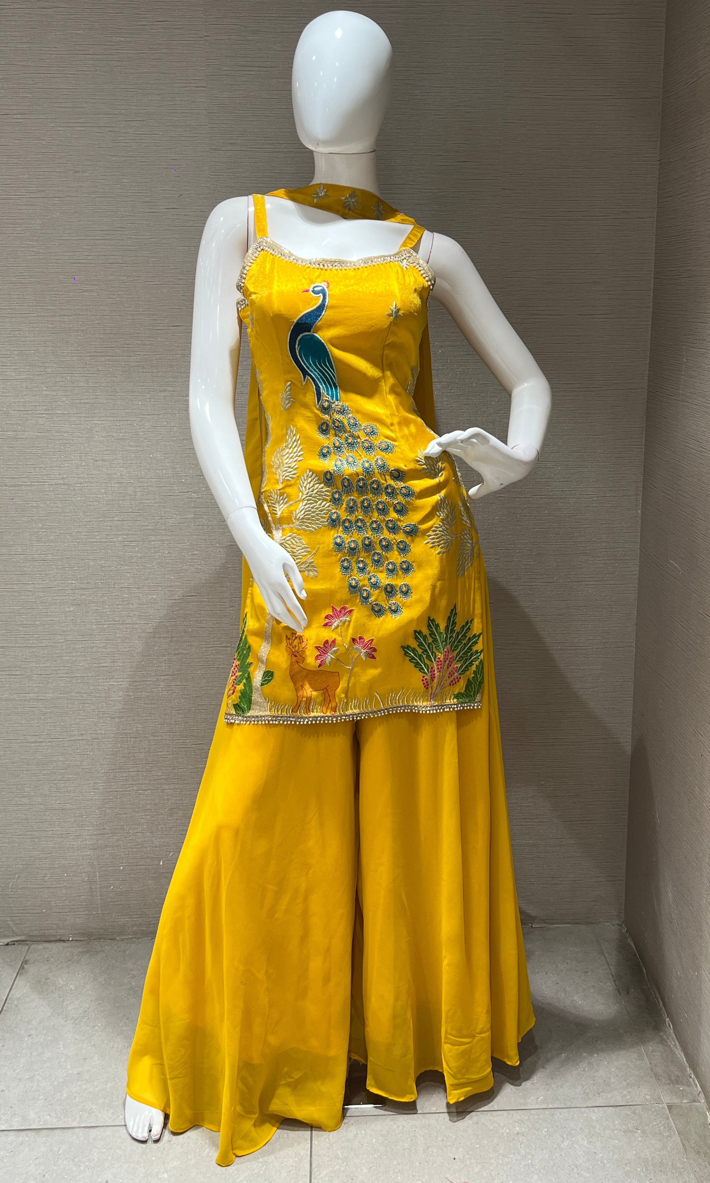 YELLOW PEACOCK EMBROIDERED PALAZZO