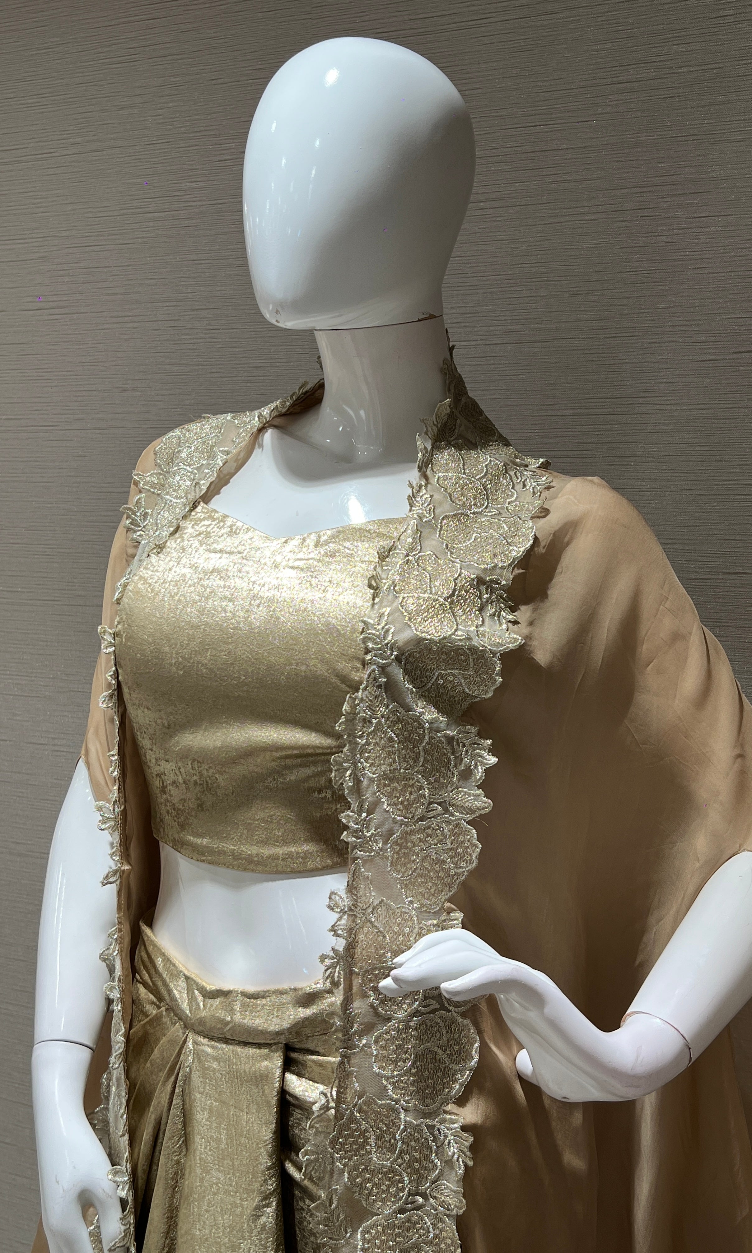 BEIGE RUFFLE DRAPE 3 PIECE INDO WESTERN DRESS