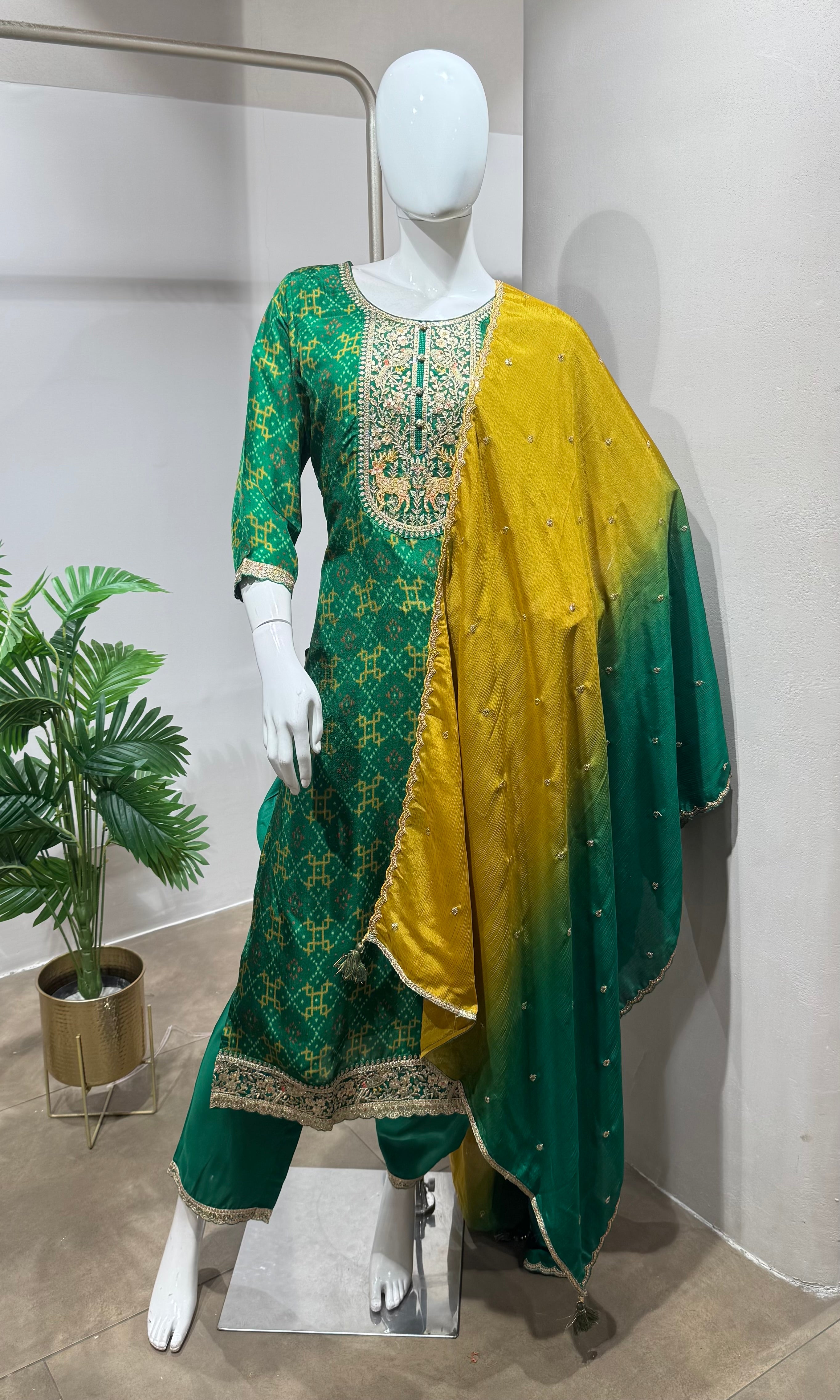 Green embroidered kurta set with dupatta