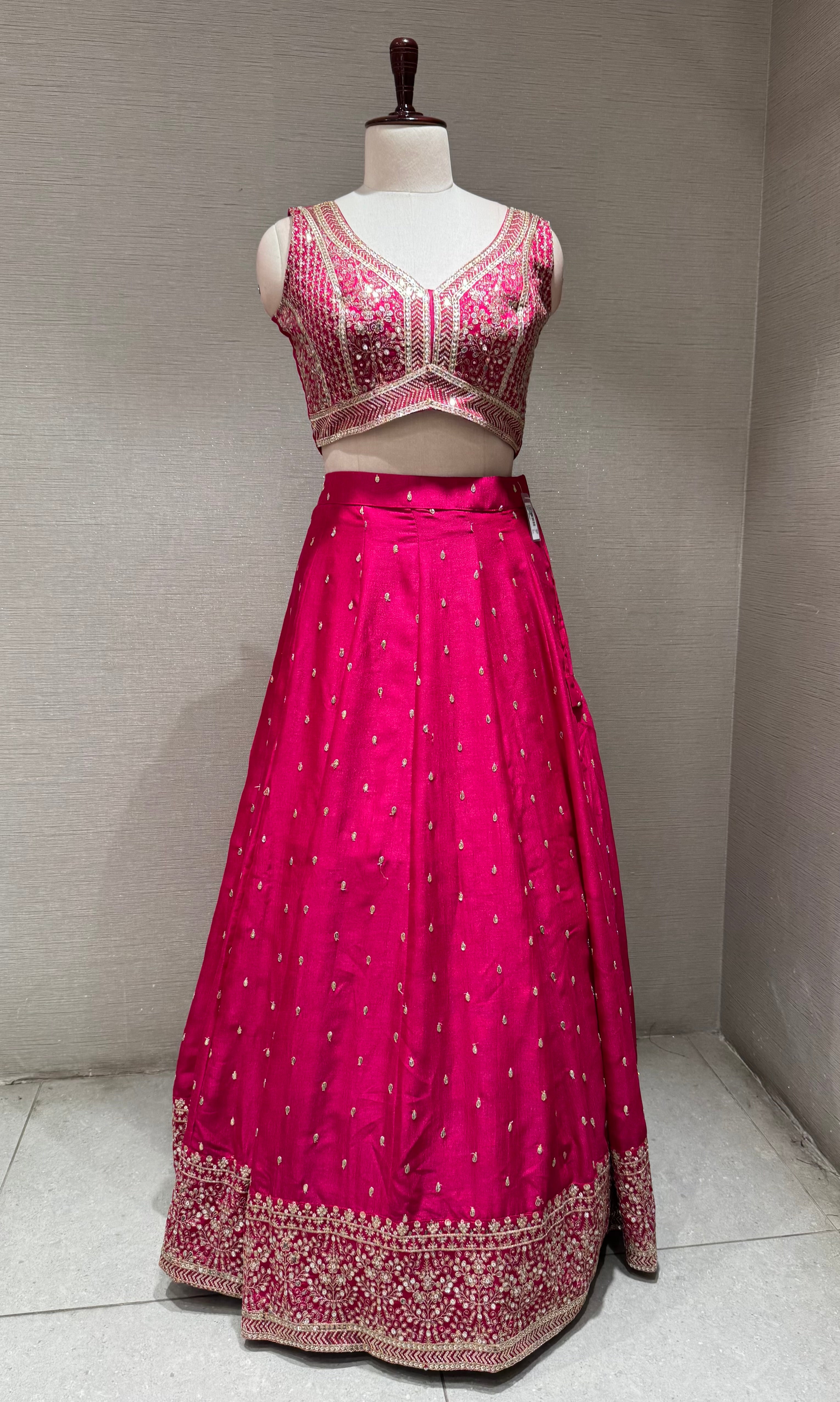 Bright Pink Silk Lehenga set with Gold Border