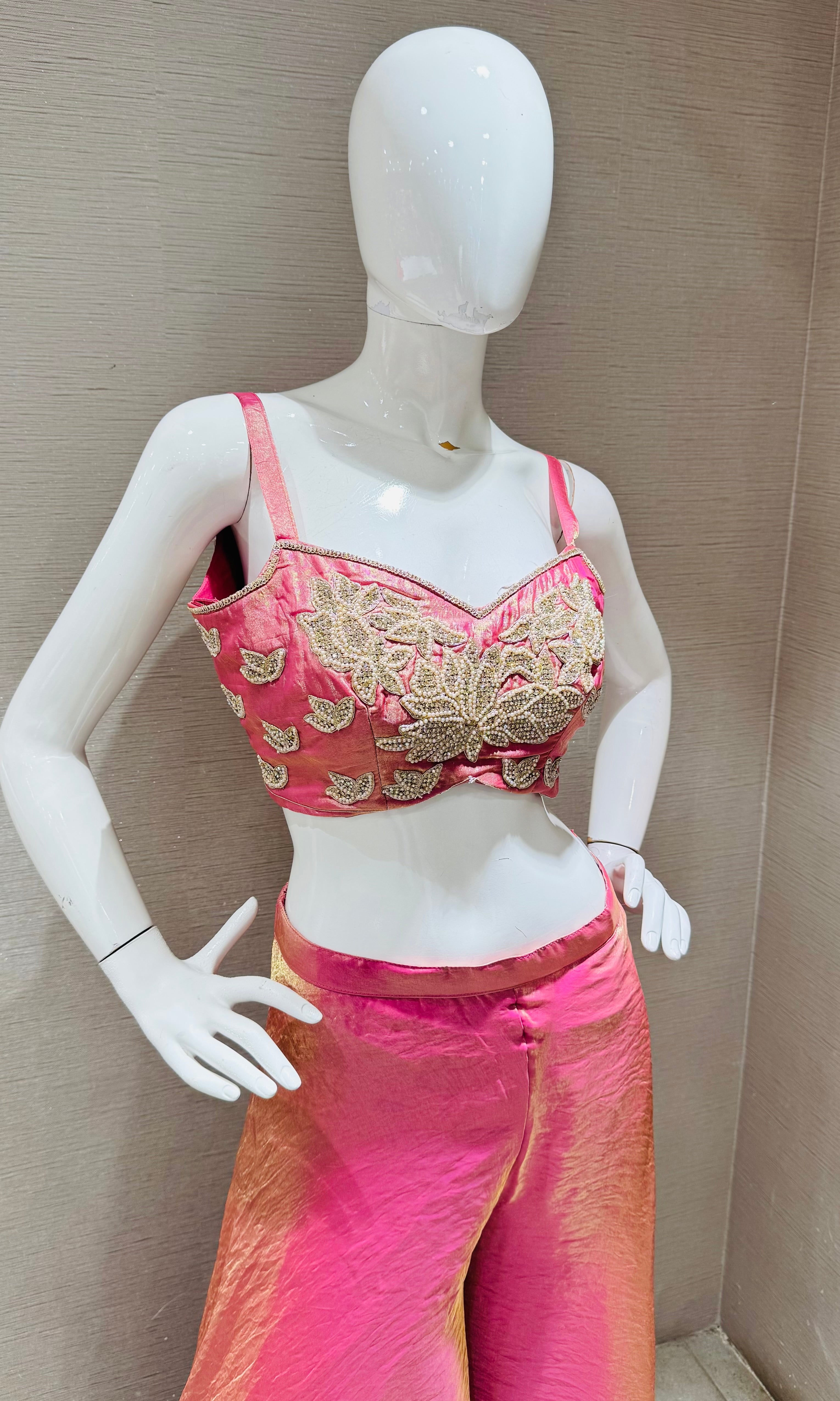 PINK EMBROIDERED CROP TOP PLAZZO COAT