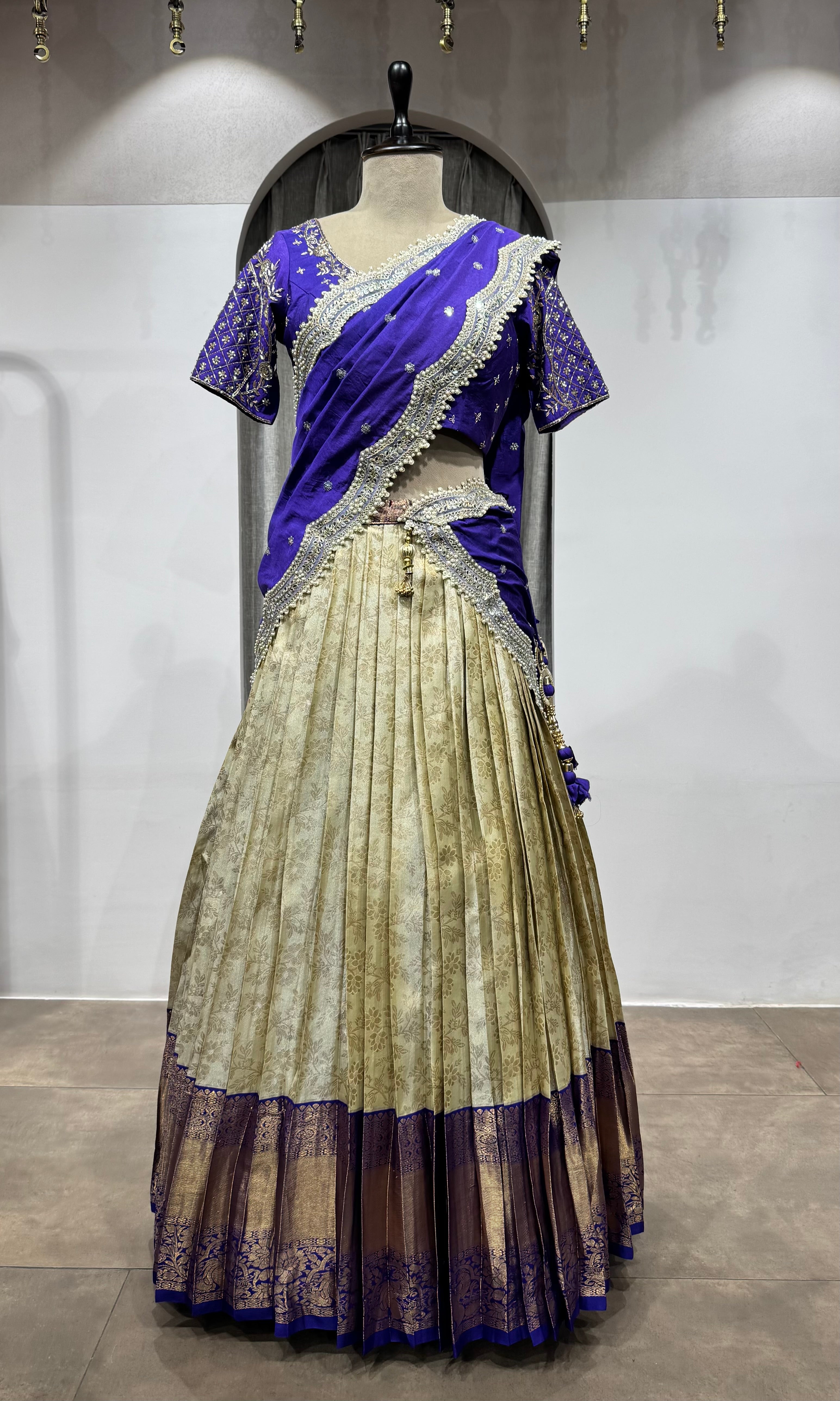 purple and cream kanjivaram Pattu lehenga