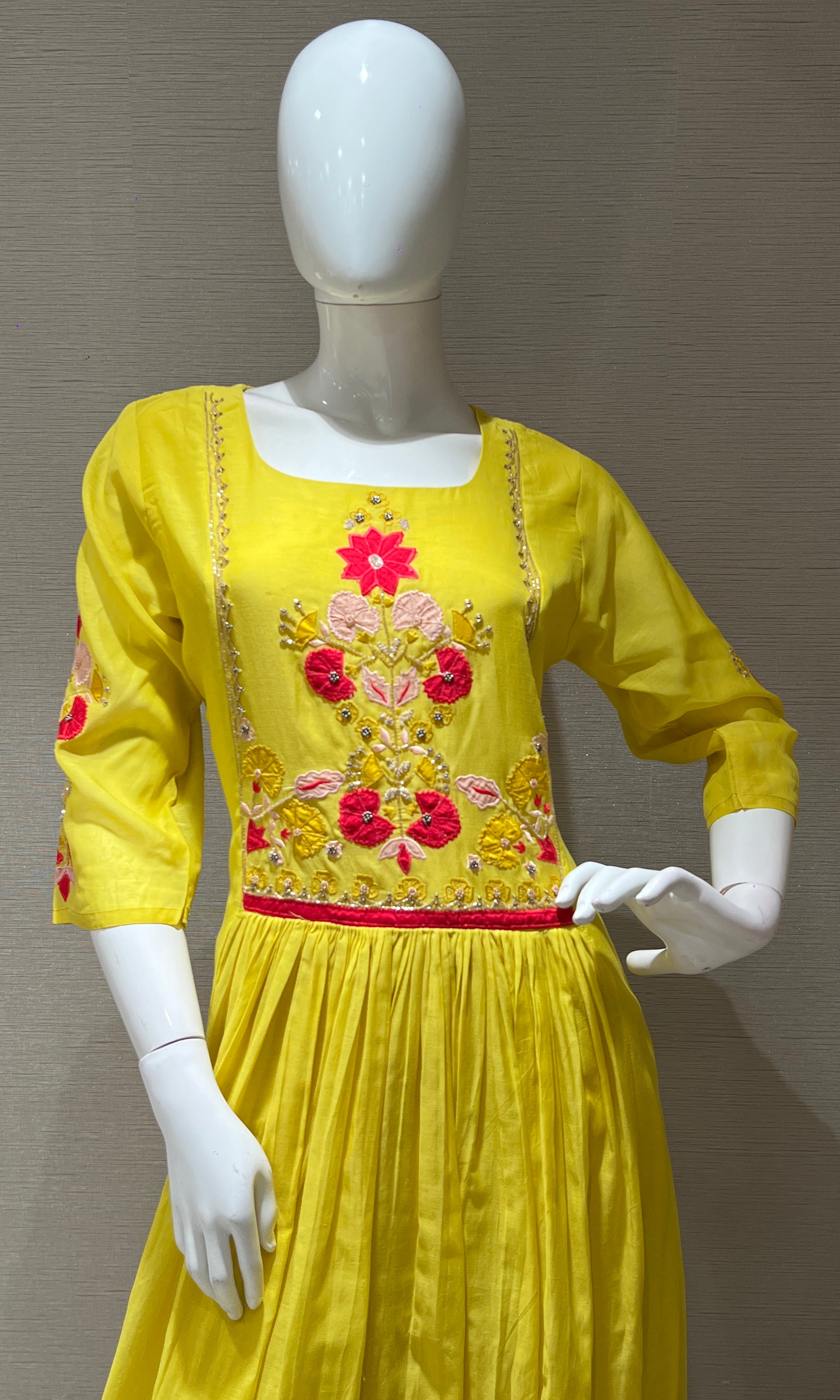 yellow MUL CHANDERI floral embroidered kurta set