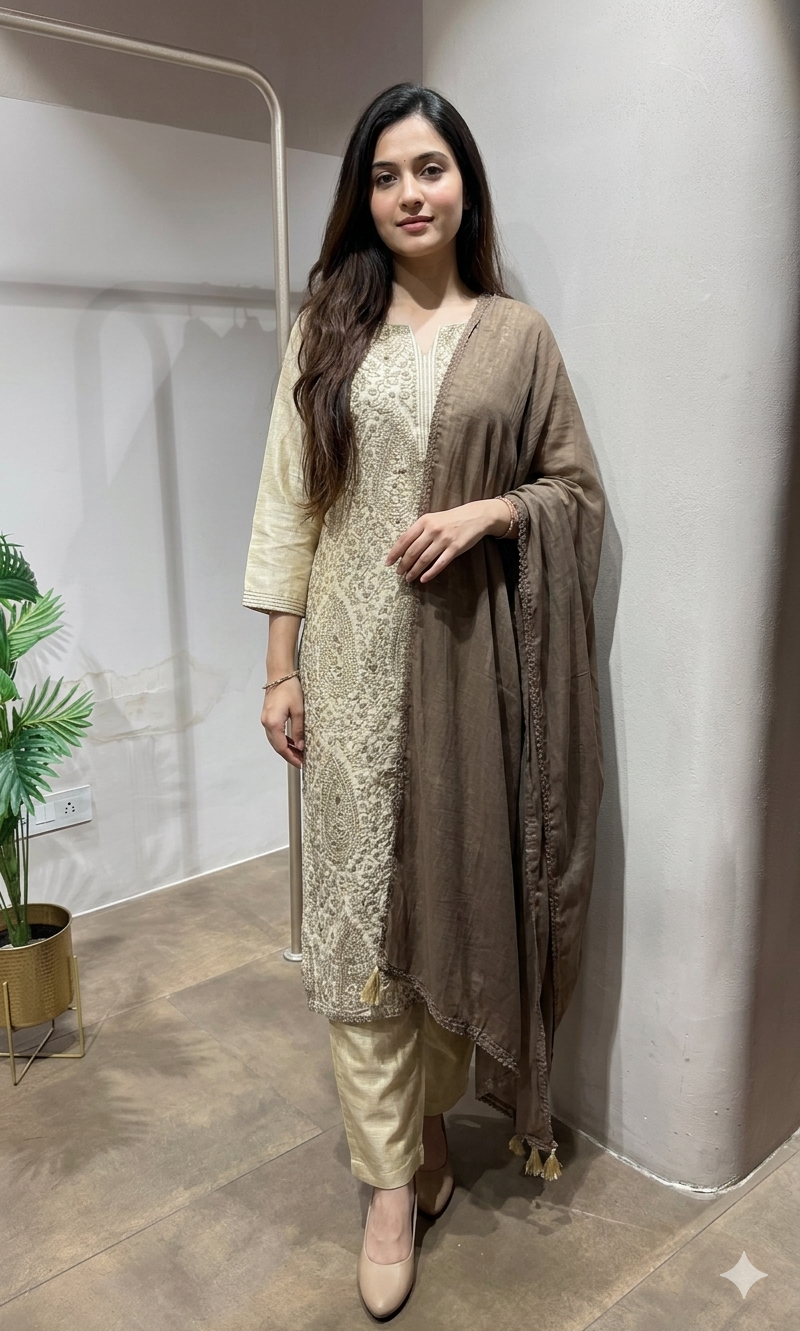 Beige Embroidered Kurta Set with Contrasting Dupatta