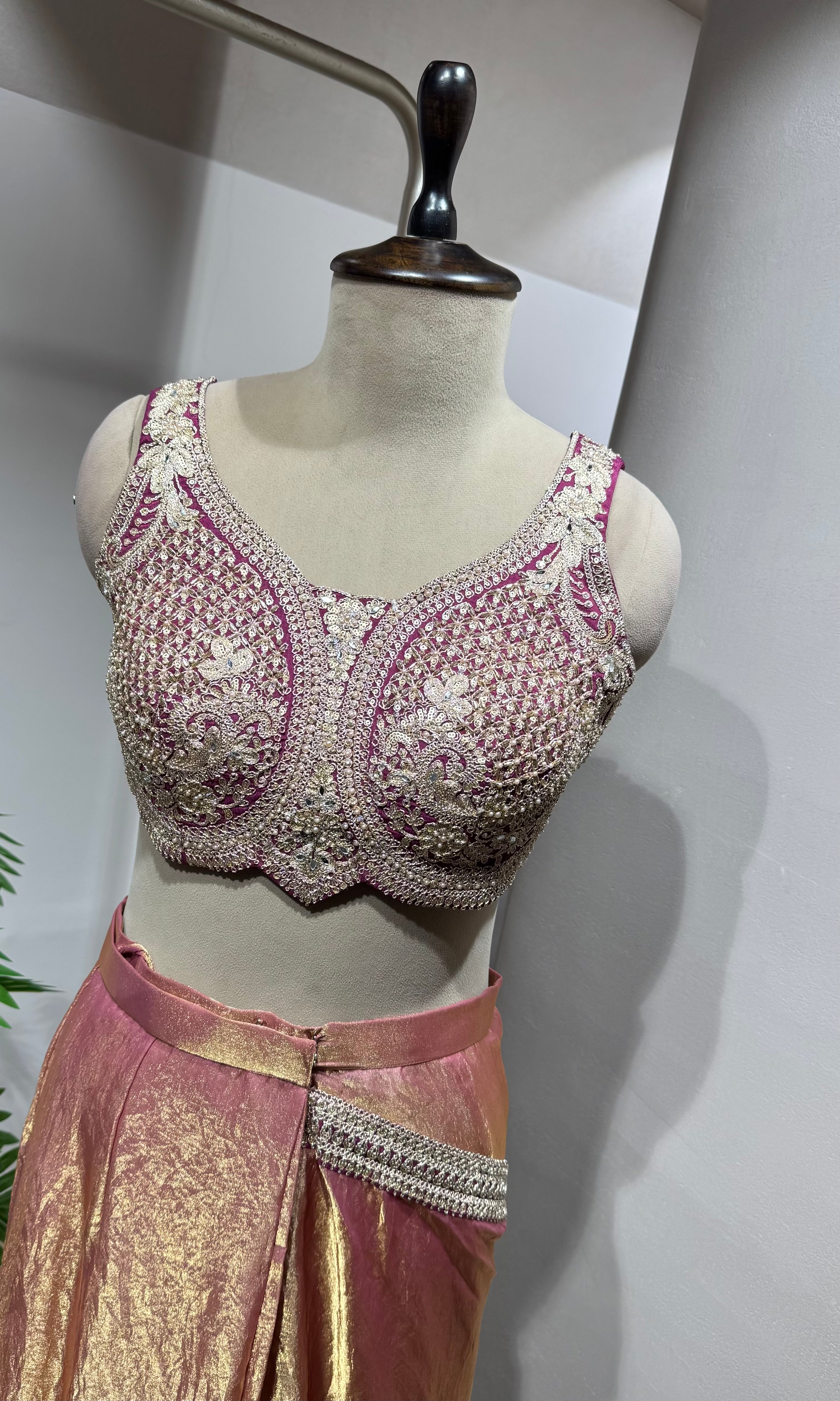 Wine drape saree with embellished blouse