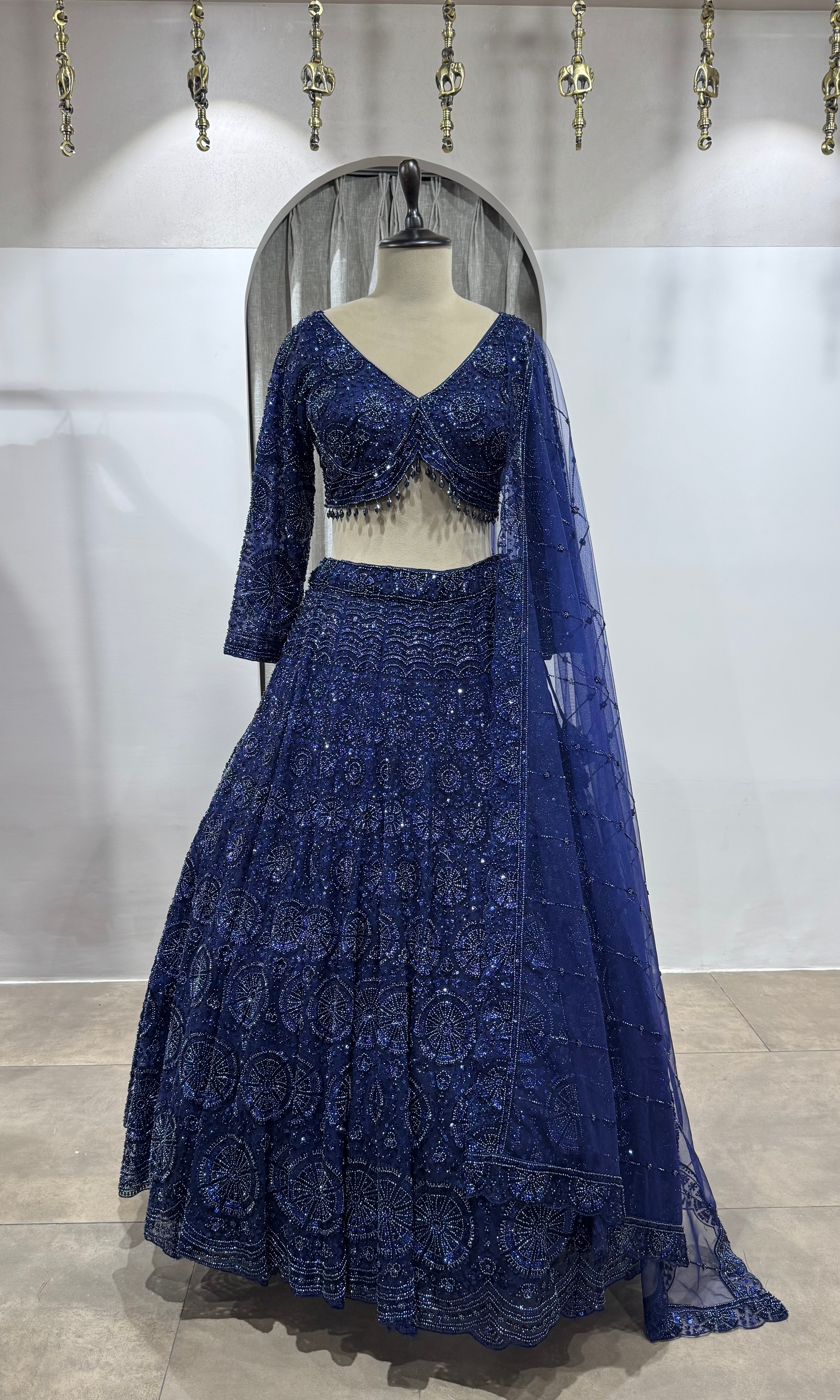 midnight blue sequin embroidered net lehenga
