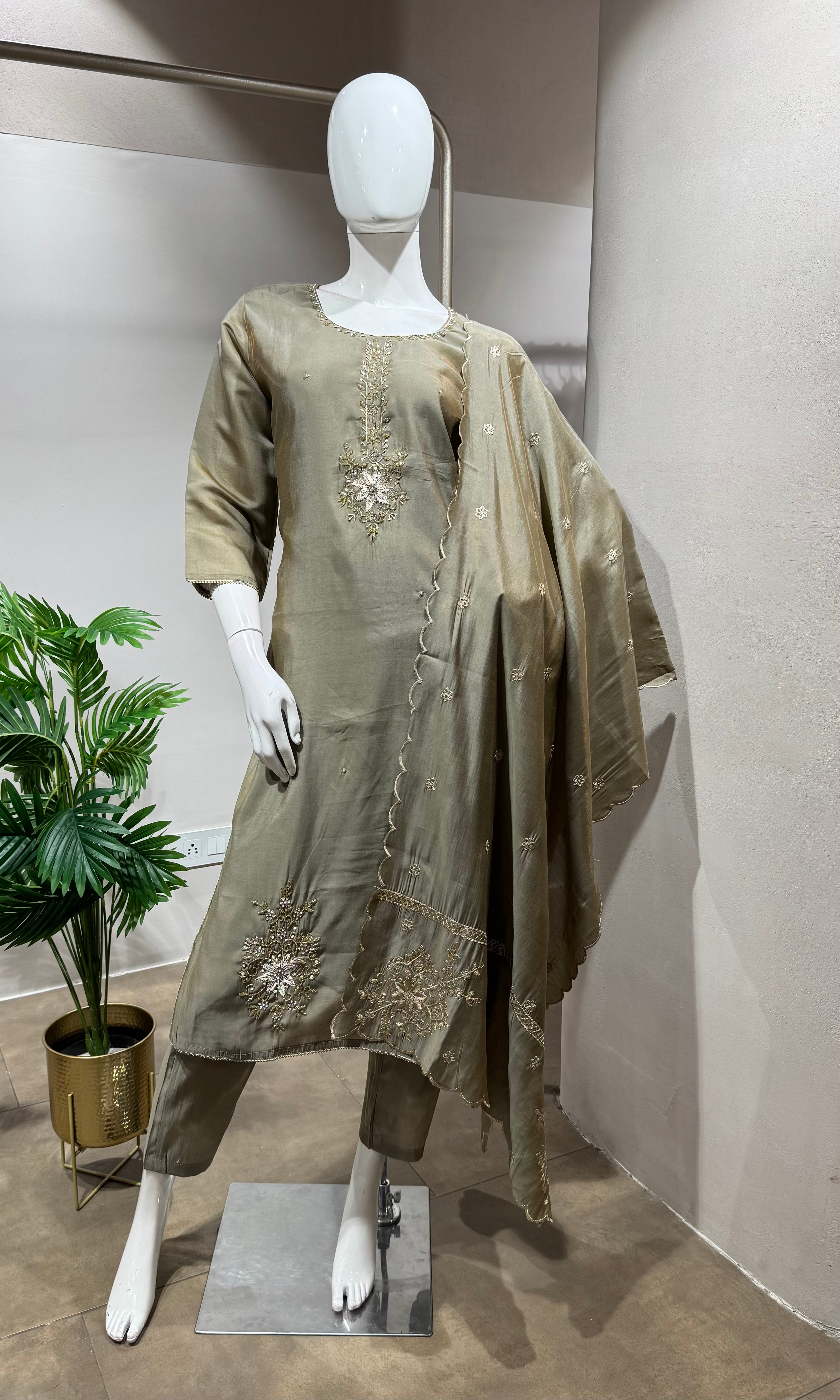 BROWN gold embroidered kurta set