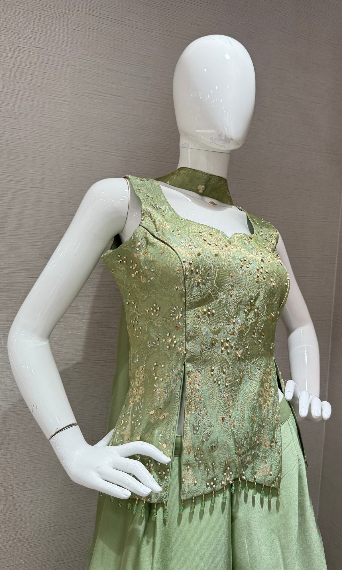 Pastal Green Satin Embellished Crop Top and Palazzo Set