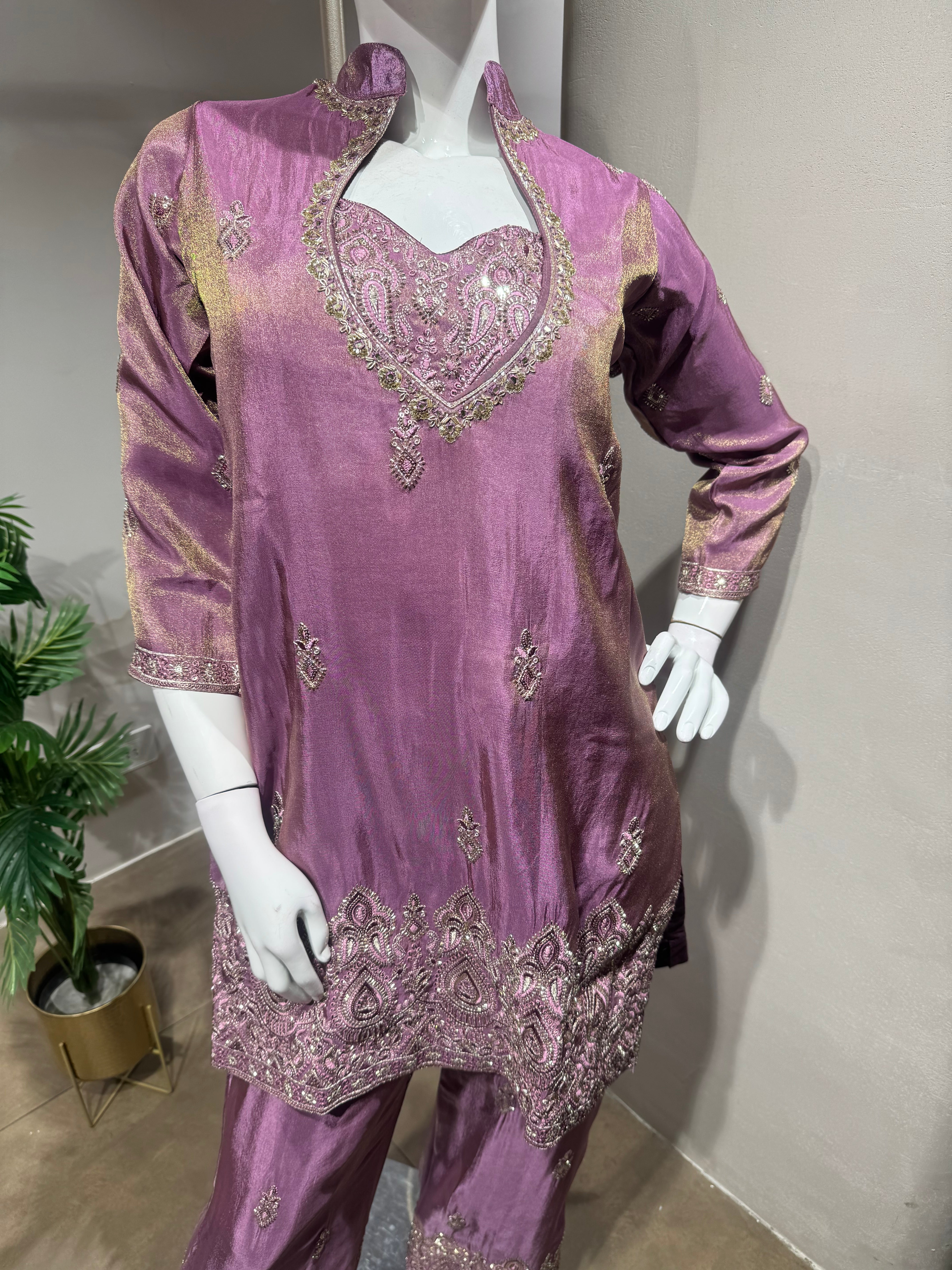 Purple shimmer tissue salwar with farsi pants