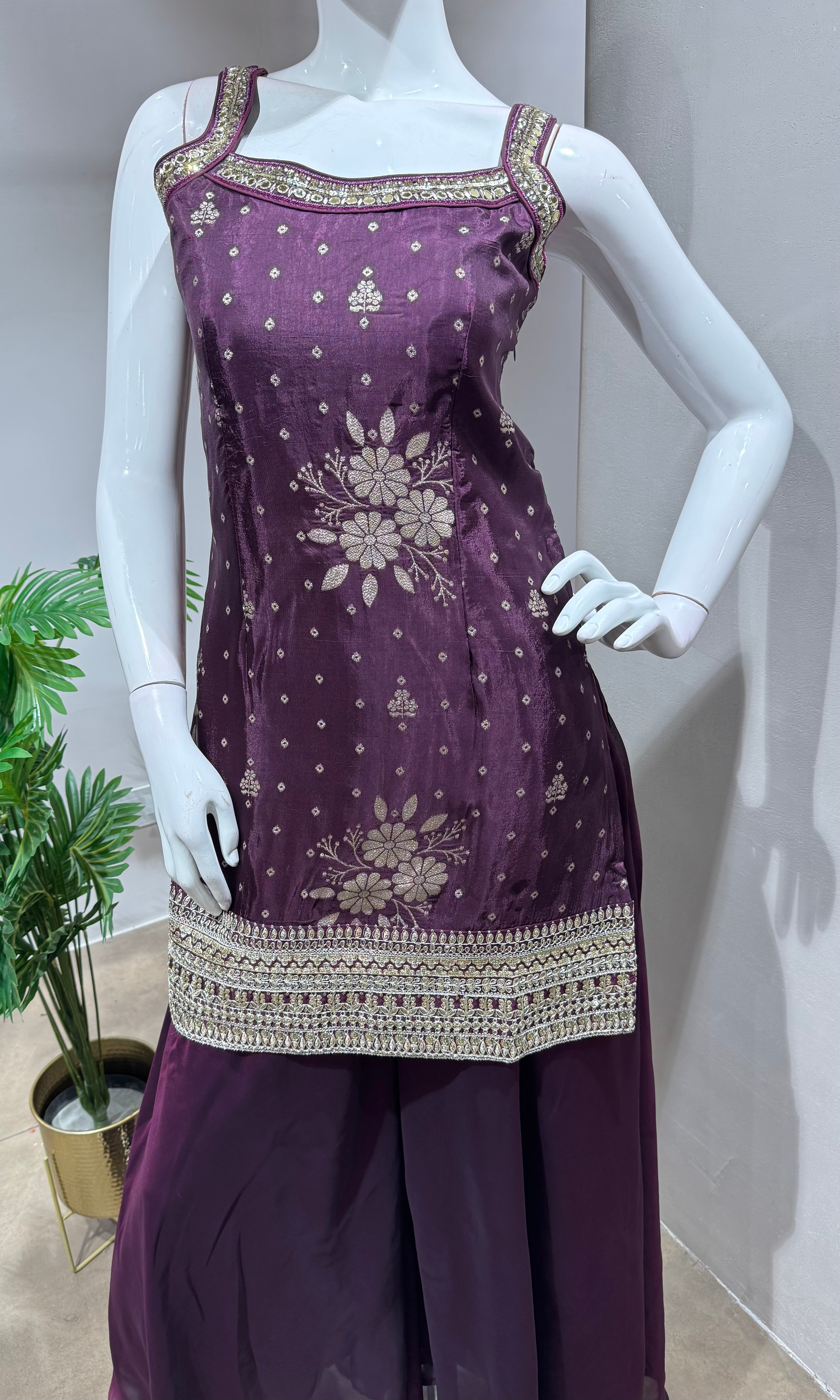 Wine Embroidered Georgette Sharara Set