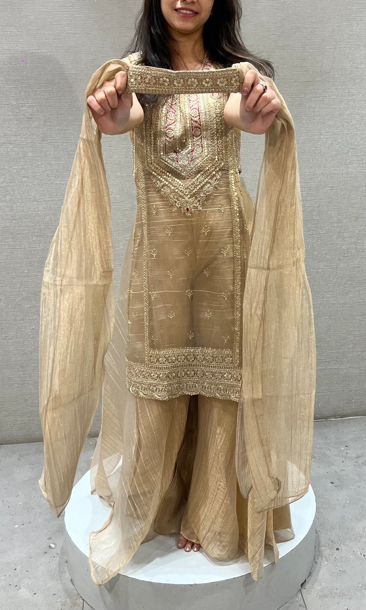 Beige tissue Embroidered Palazzo Set with Net Dupatta