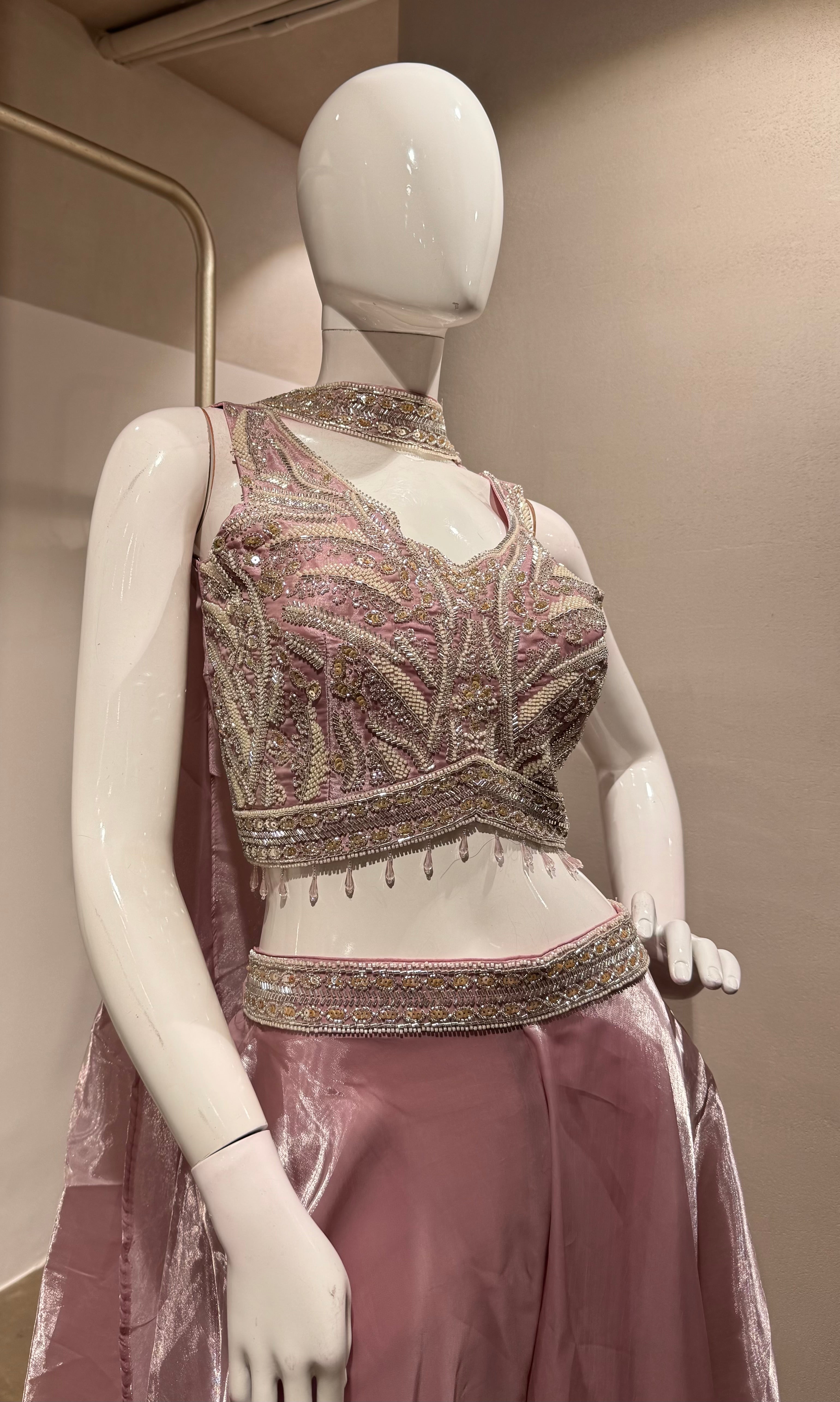 PINK Embellished Crop Top and Flared Palazzo Set