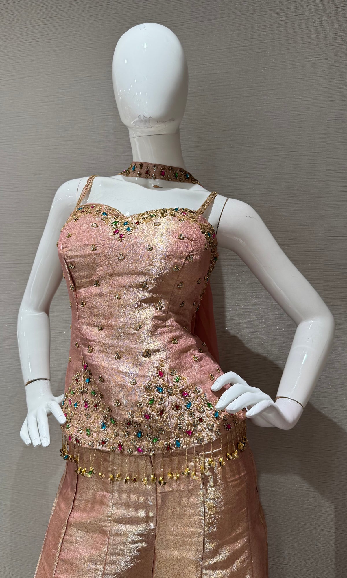 Peach Shimmer Corset Top and Stoned Palazzo Set