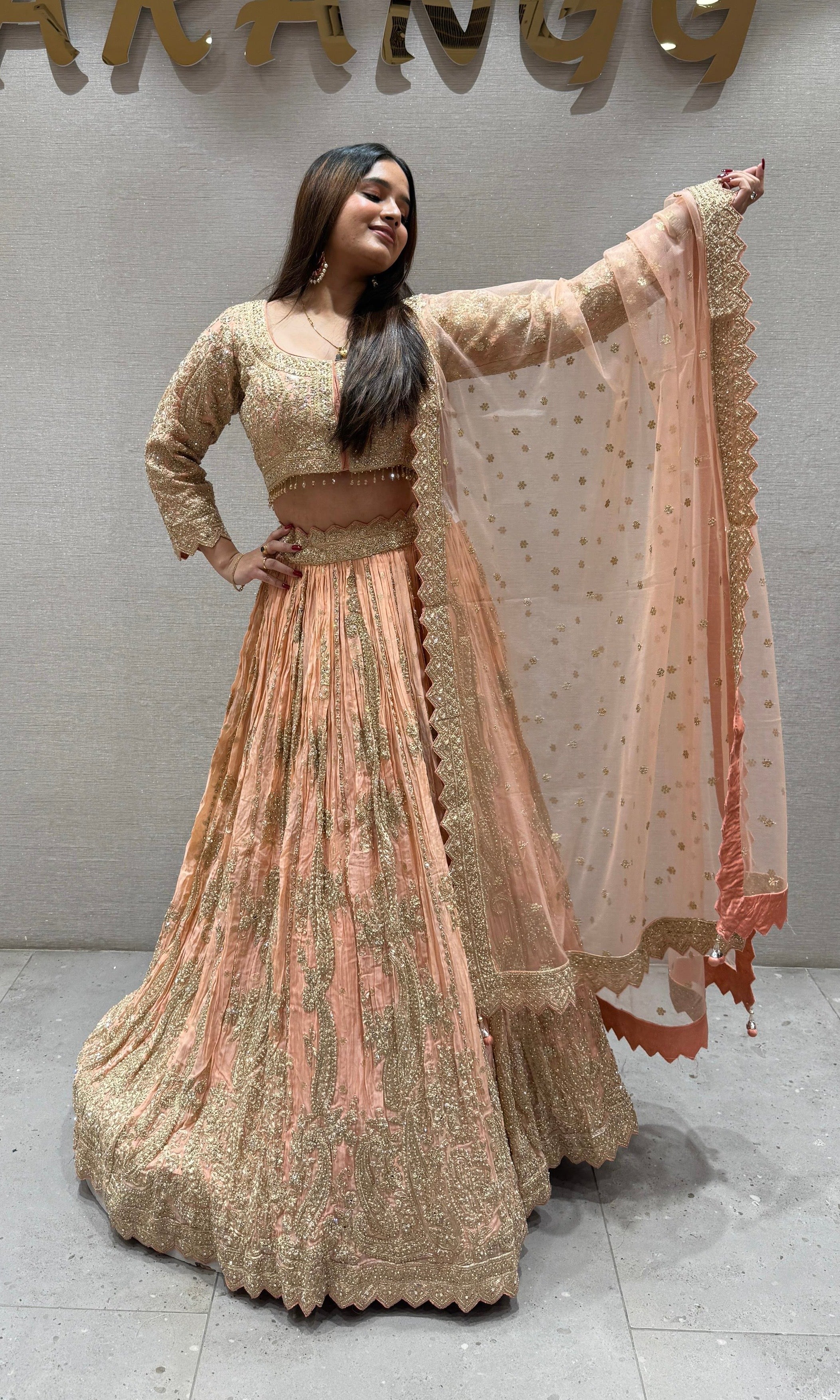 Golden Peach crushed silk Lehenga
