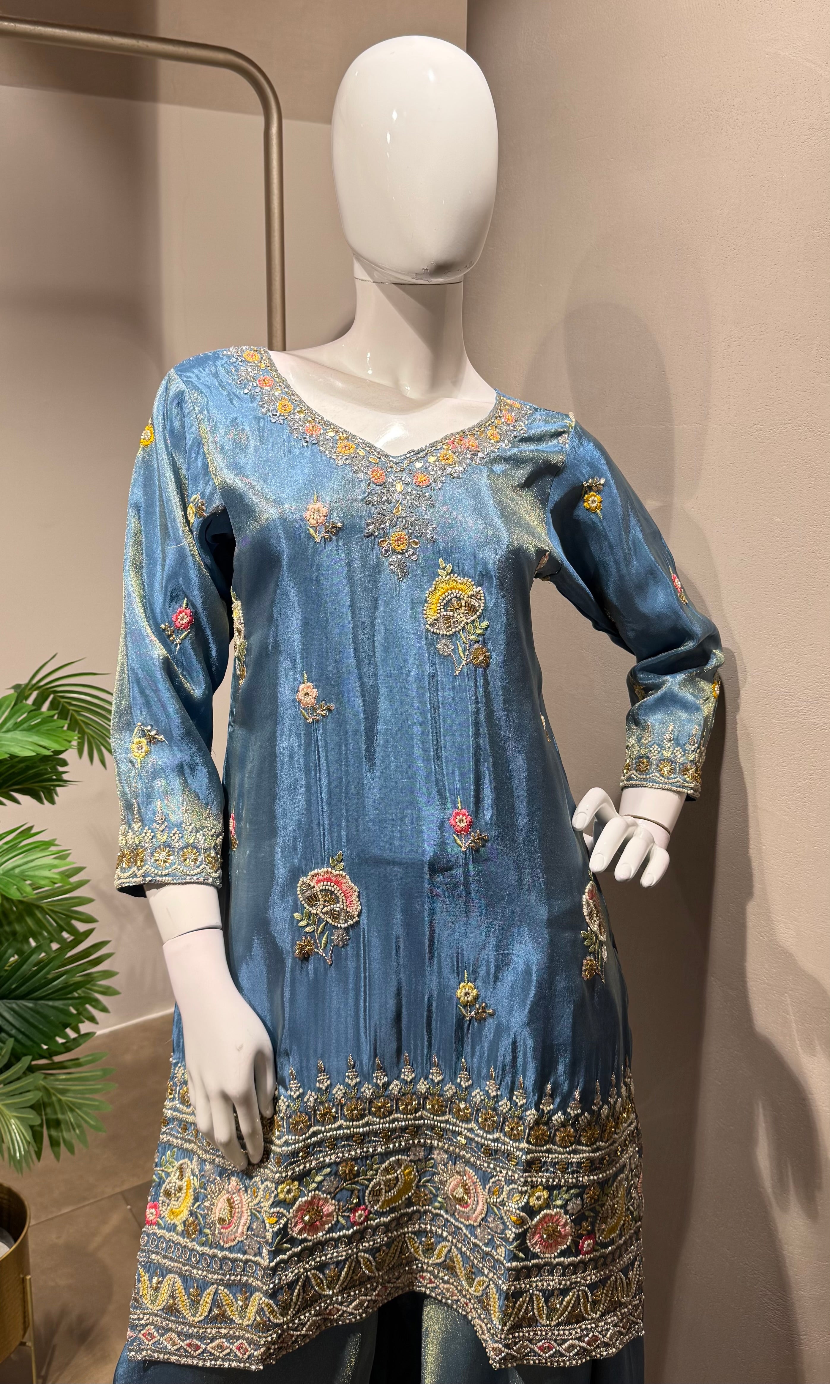 blue shimmer tissue palazzo set