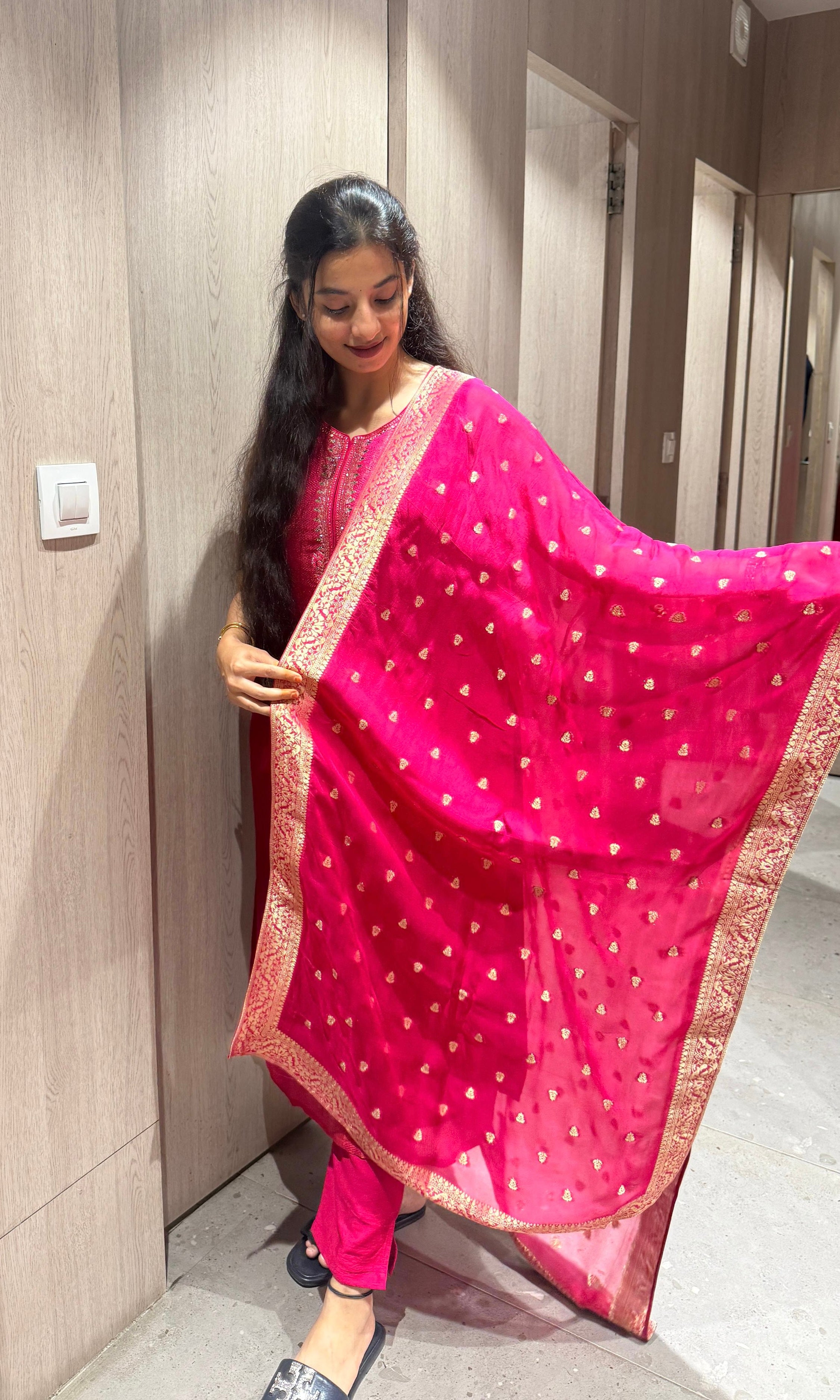 Pink kurta set with a sheer dupatta