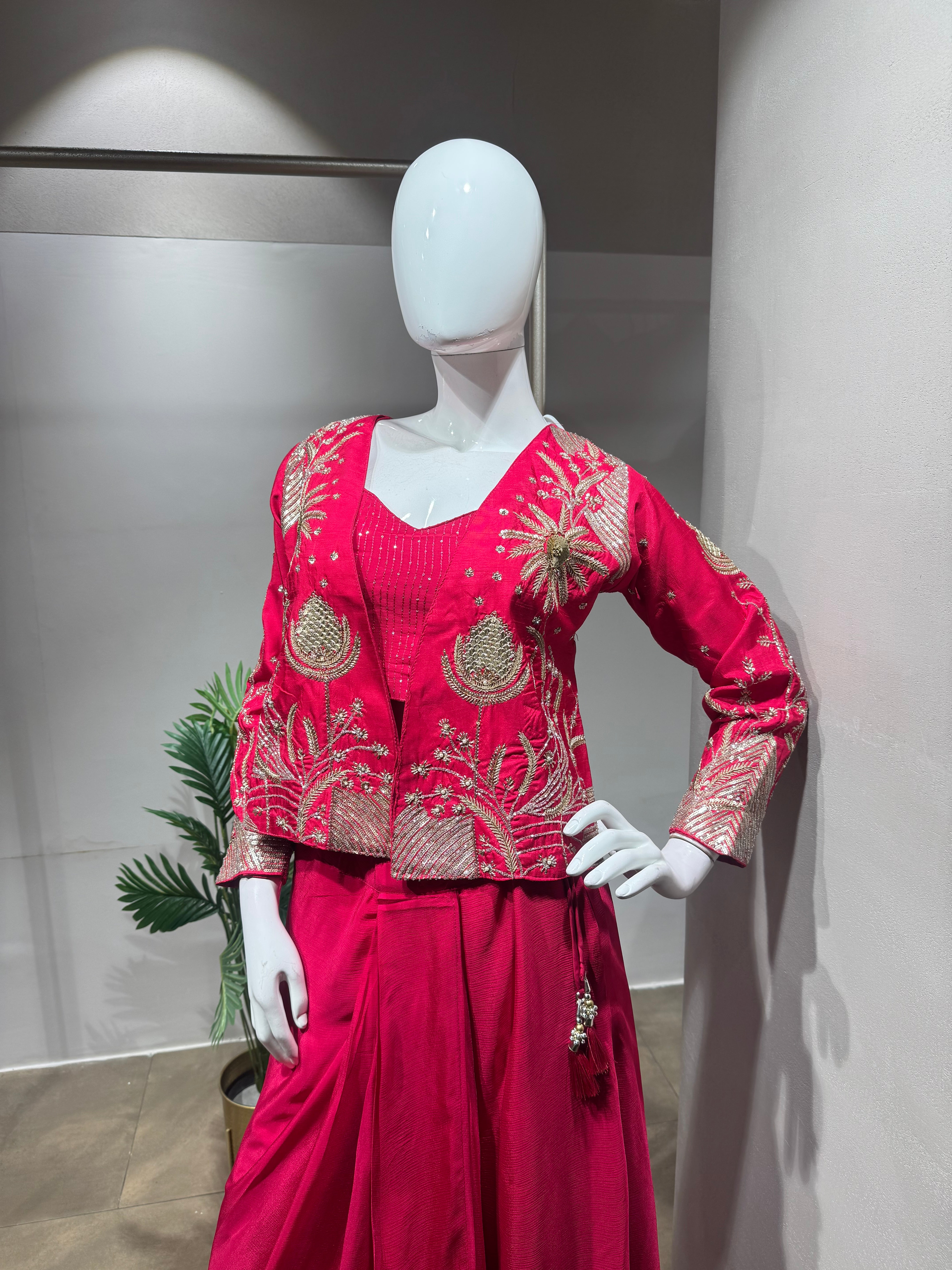 Rani Pink Indo-Western Set with Pearl Jacket