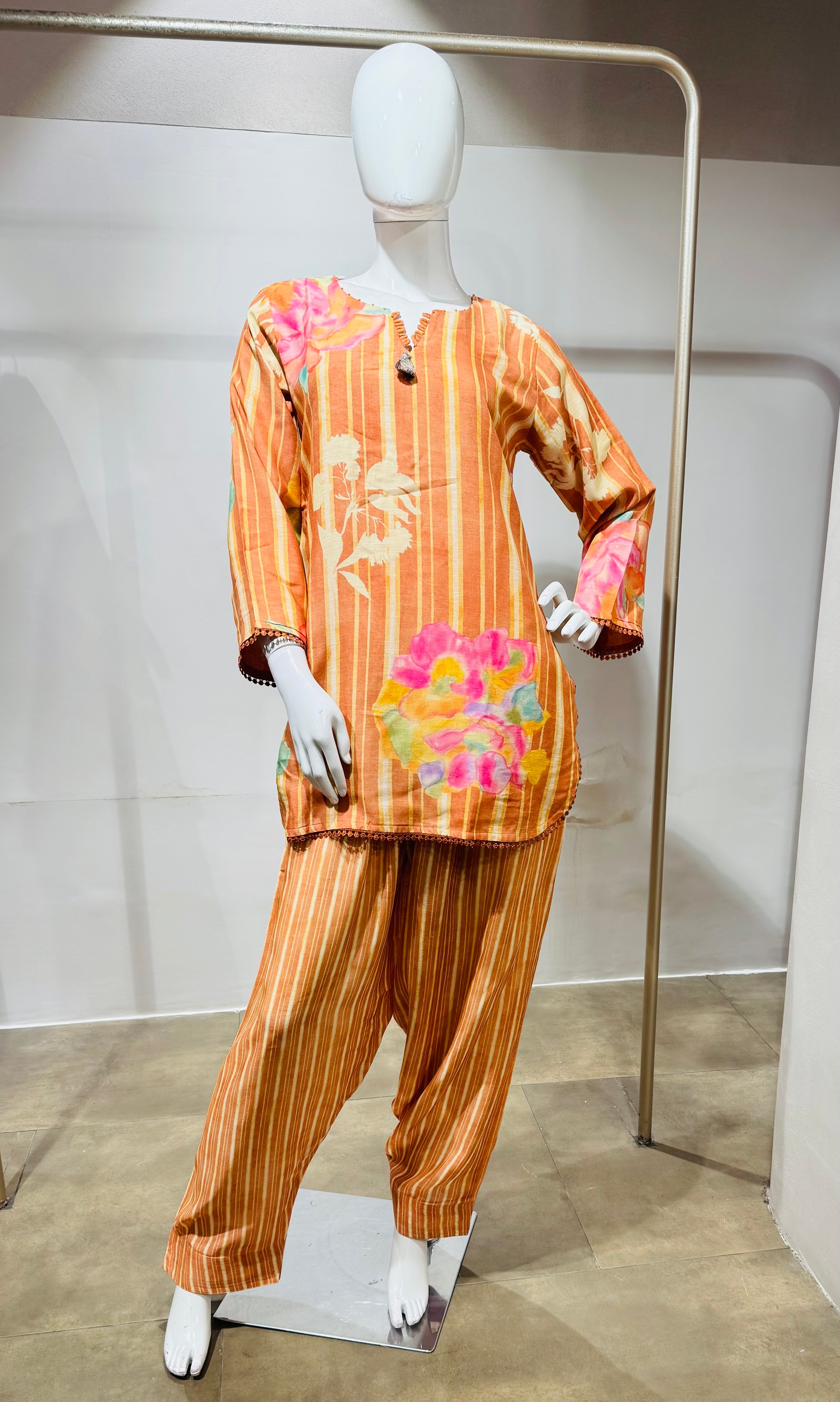 Orange Floral Printed Farsi salwar