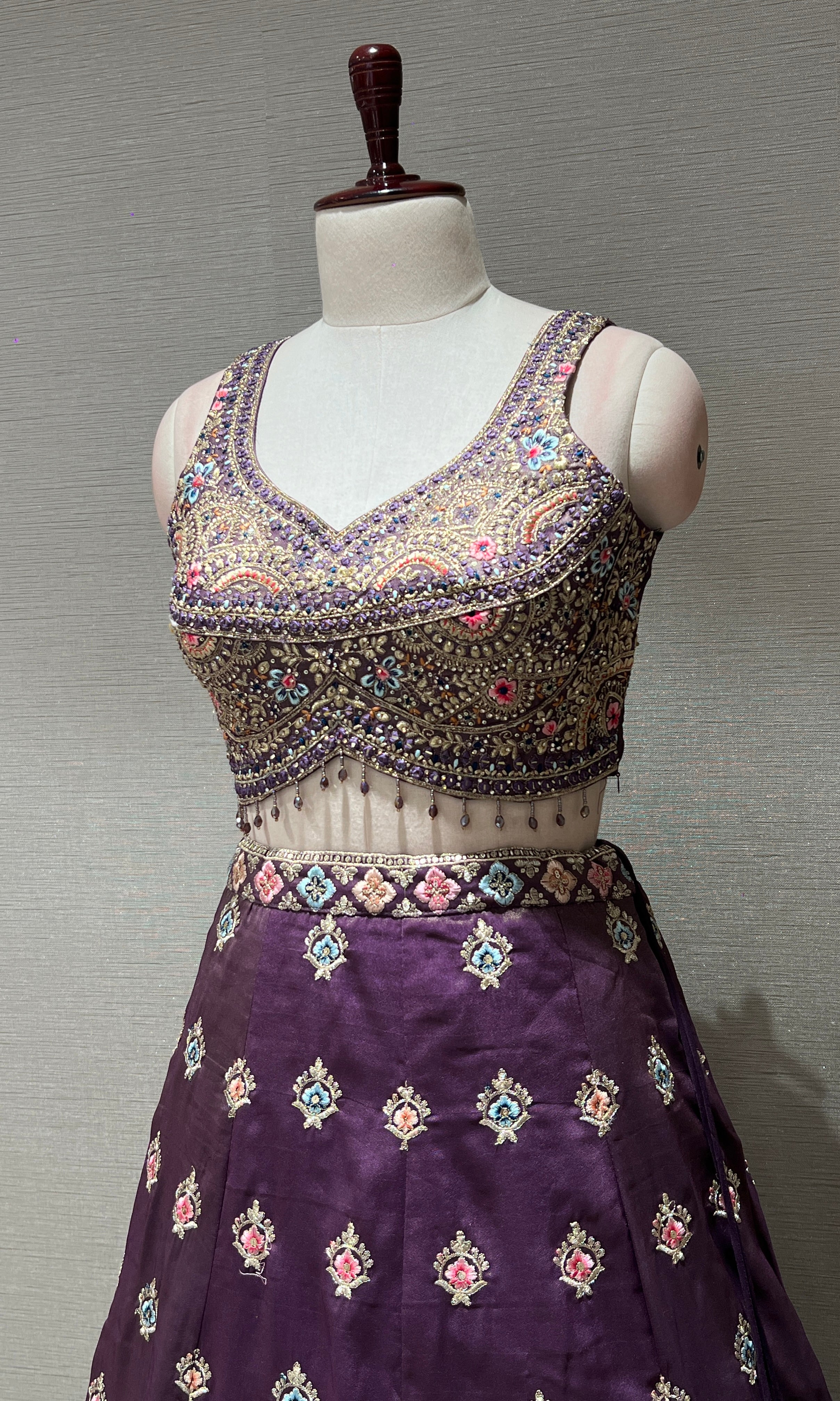 Lilac multicolour intricate embroidered Lehenga