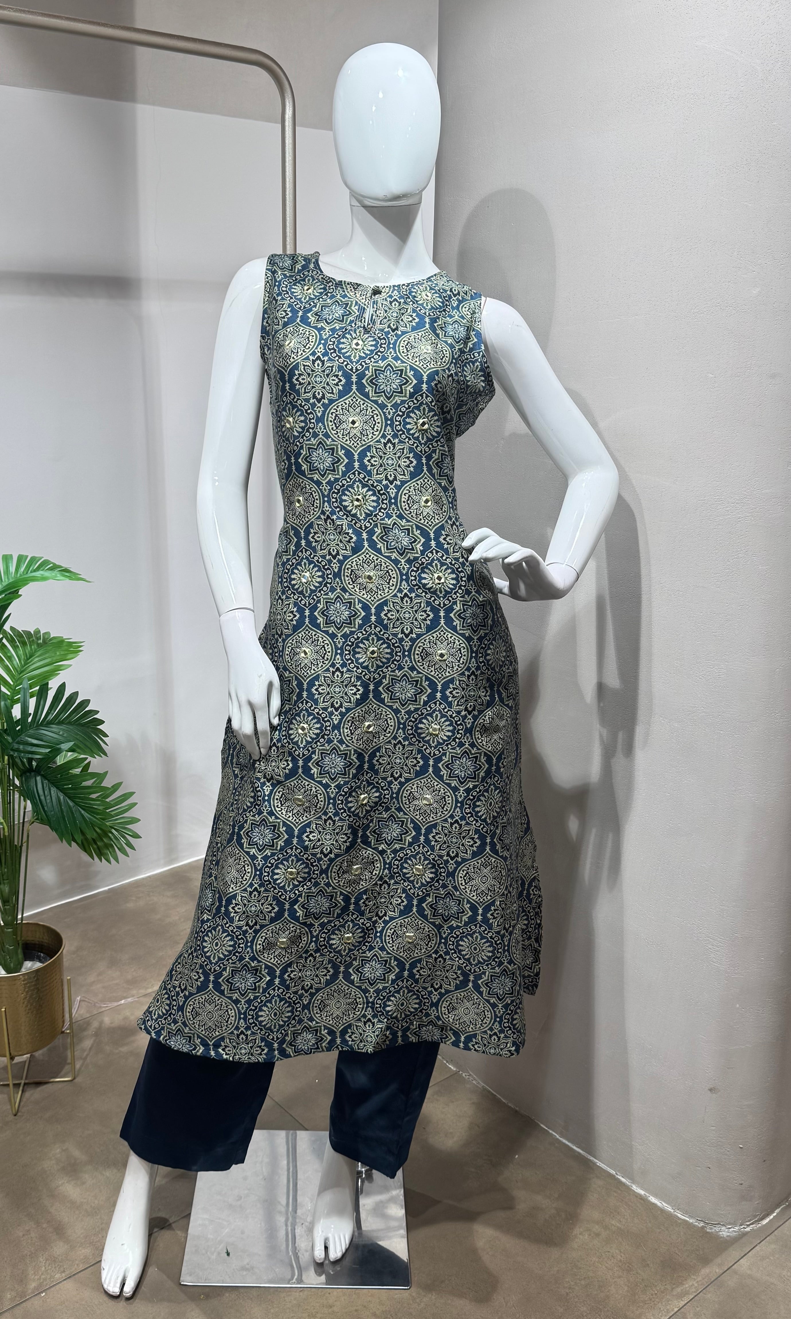 blue printed silk KURTI WITH BOTTOM