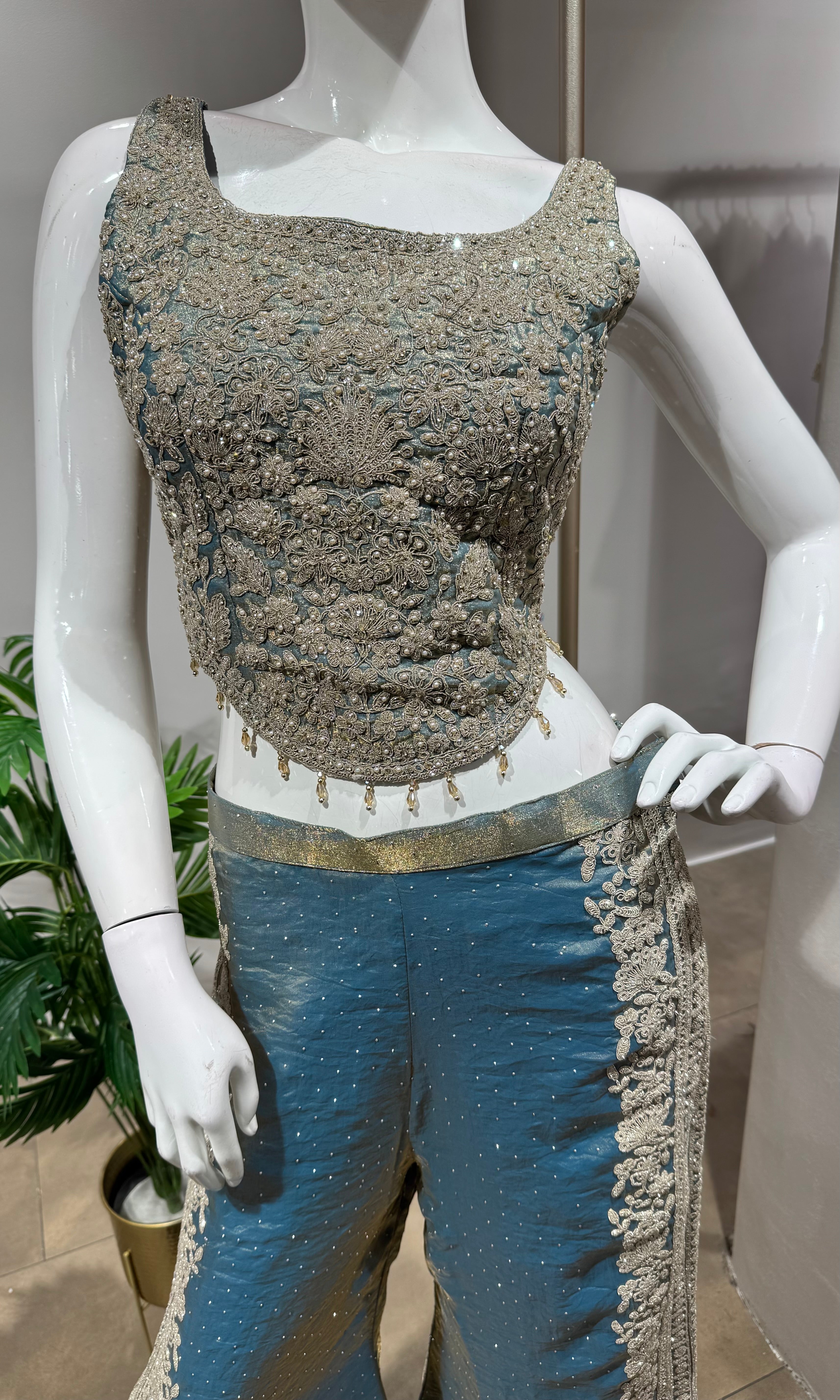 Blue silk Embroidered and mirror PALAZZO suit