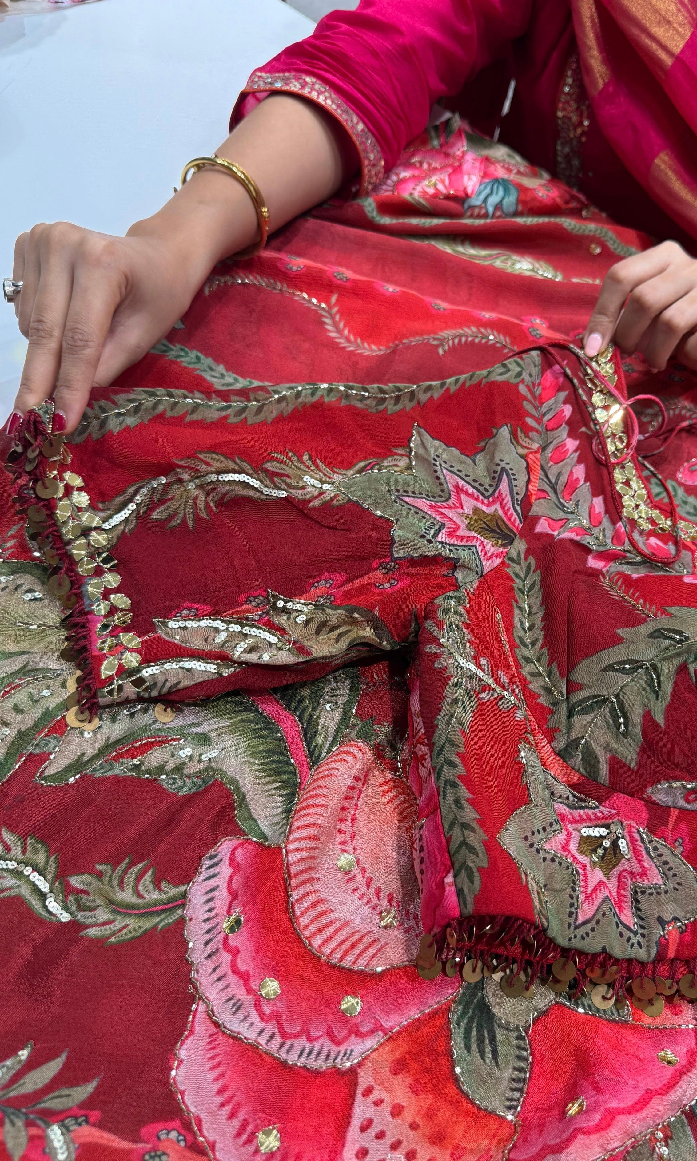 Red saree floral print with ready blouse