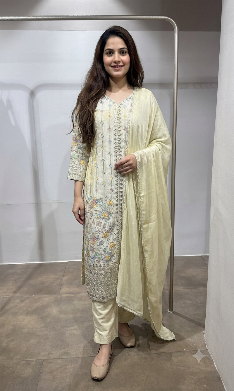 Cream Embroidered Straight Kurta SET
