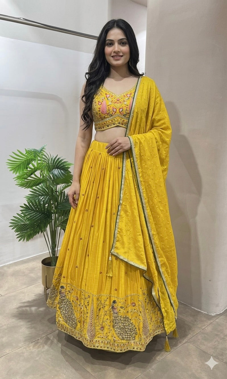 Yellow PEACOCK EMBROIDERED Lehenga