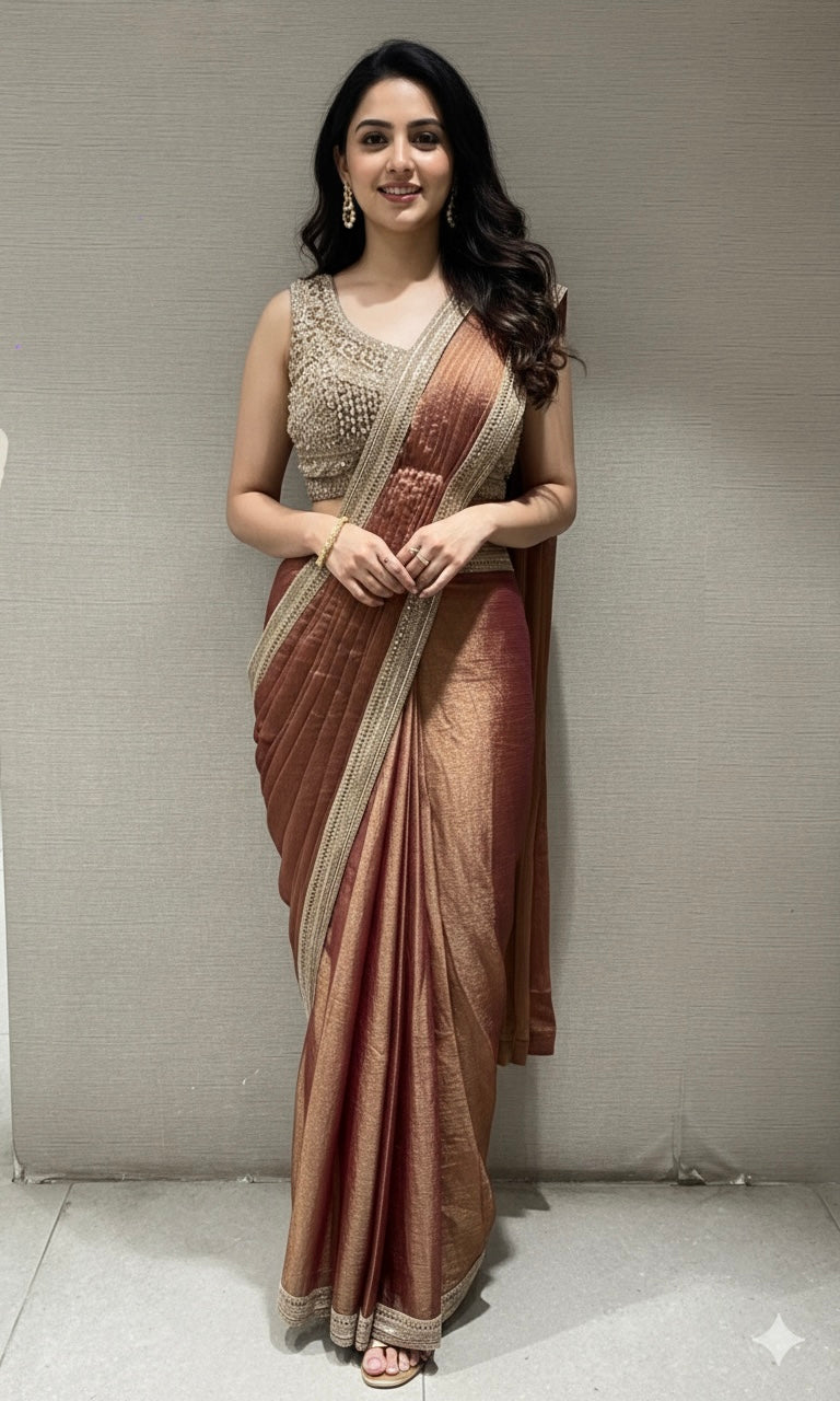 RUST GOLDEN DRAPE SAREE WITH ELEGANT BLOUSE