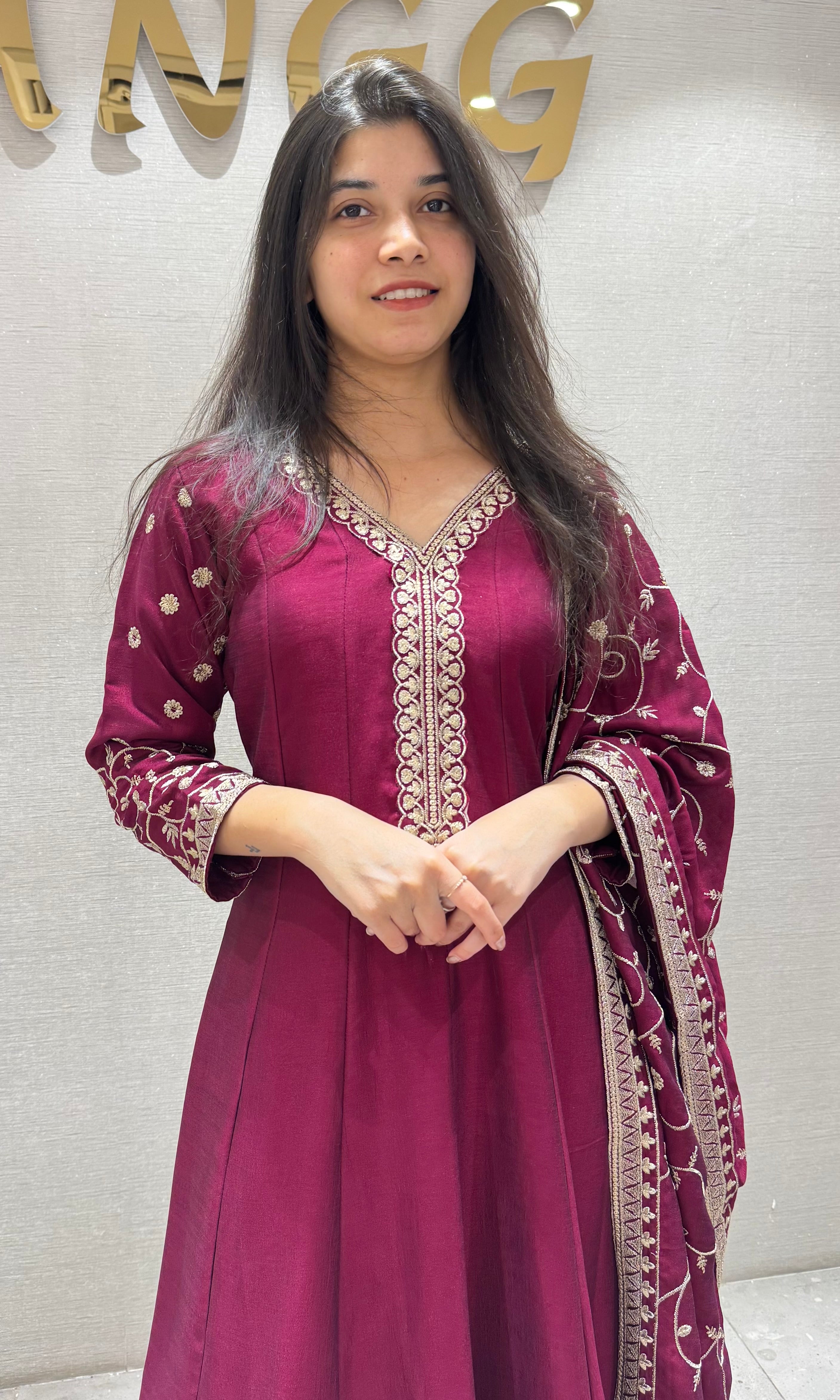Wine Silk Embroidered Anarkali Set