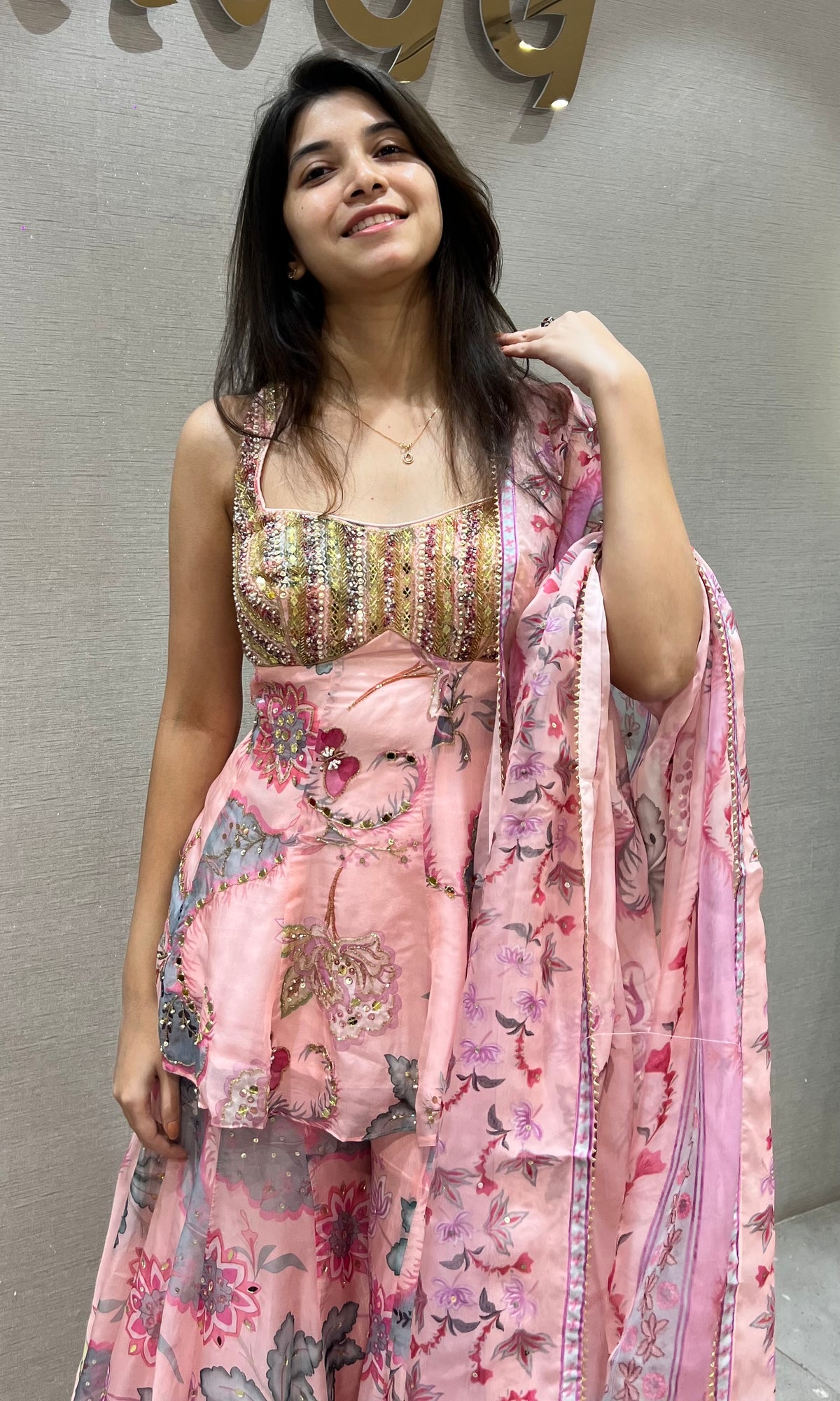 Baby Pink Floral Print silk Palazzo Set with Peplum Top