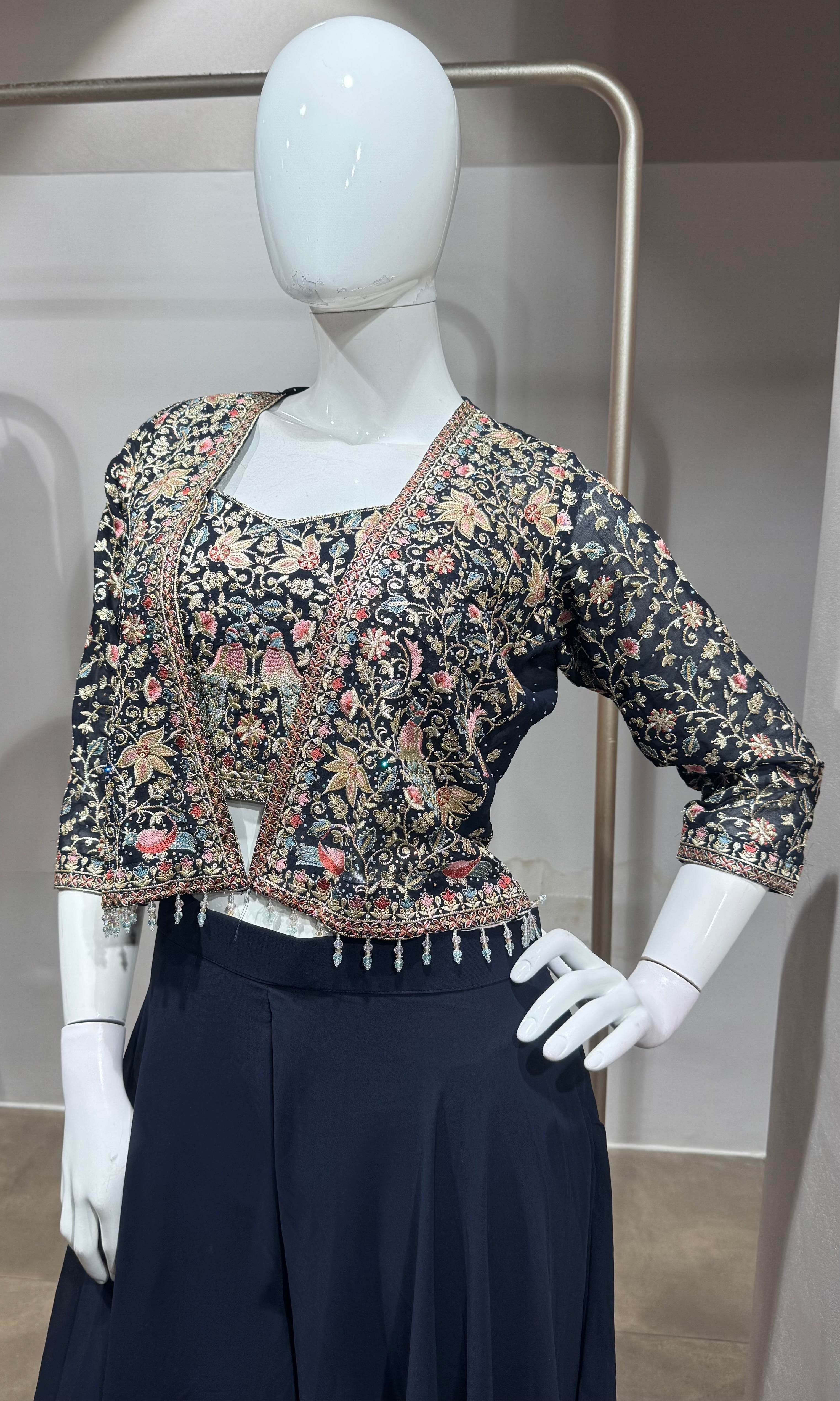 BLUE PALAZZO SET Floral Crop Top JACKET