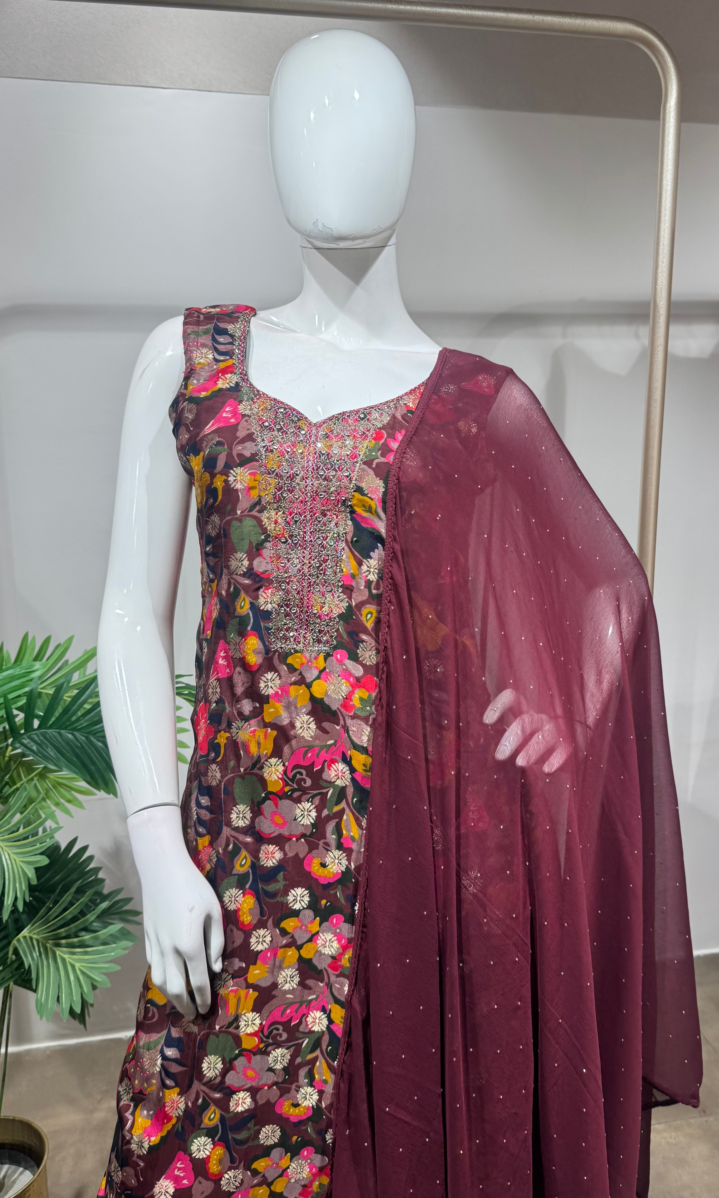 Wine multi floral printed kurta set