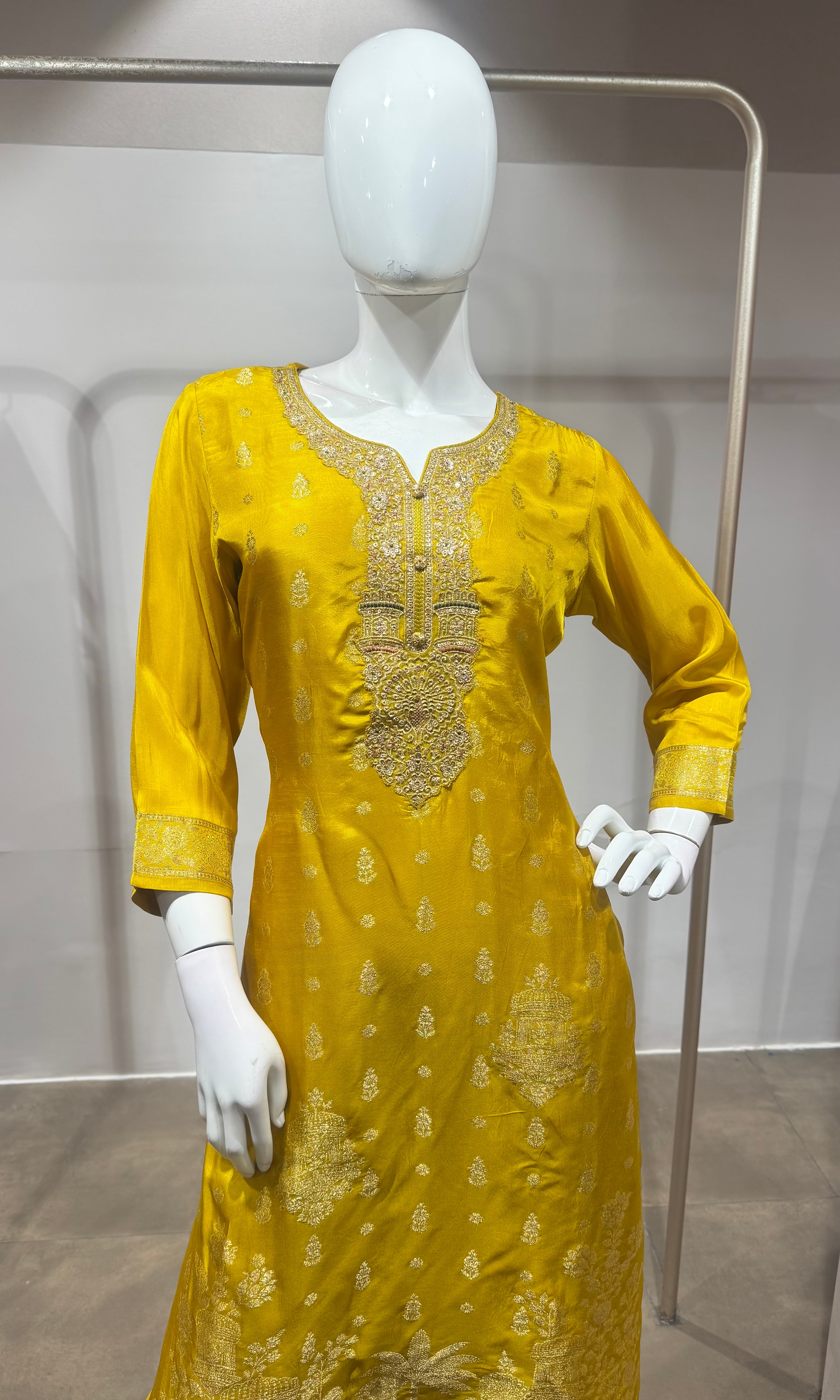 Mustard Yellow Floral Embroidered Kurta Set